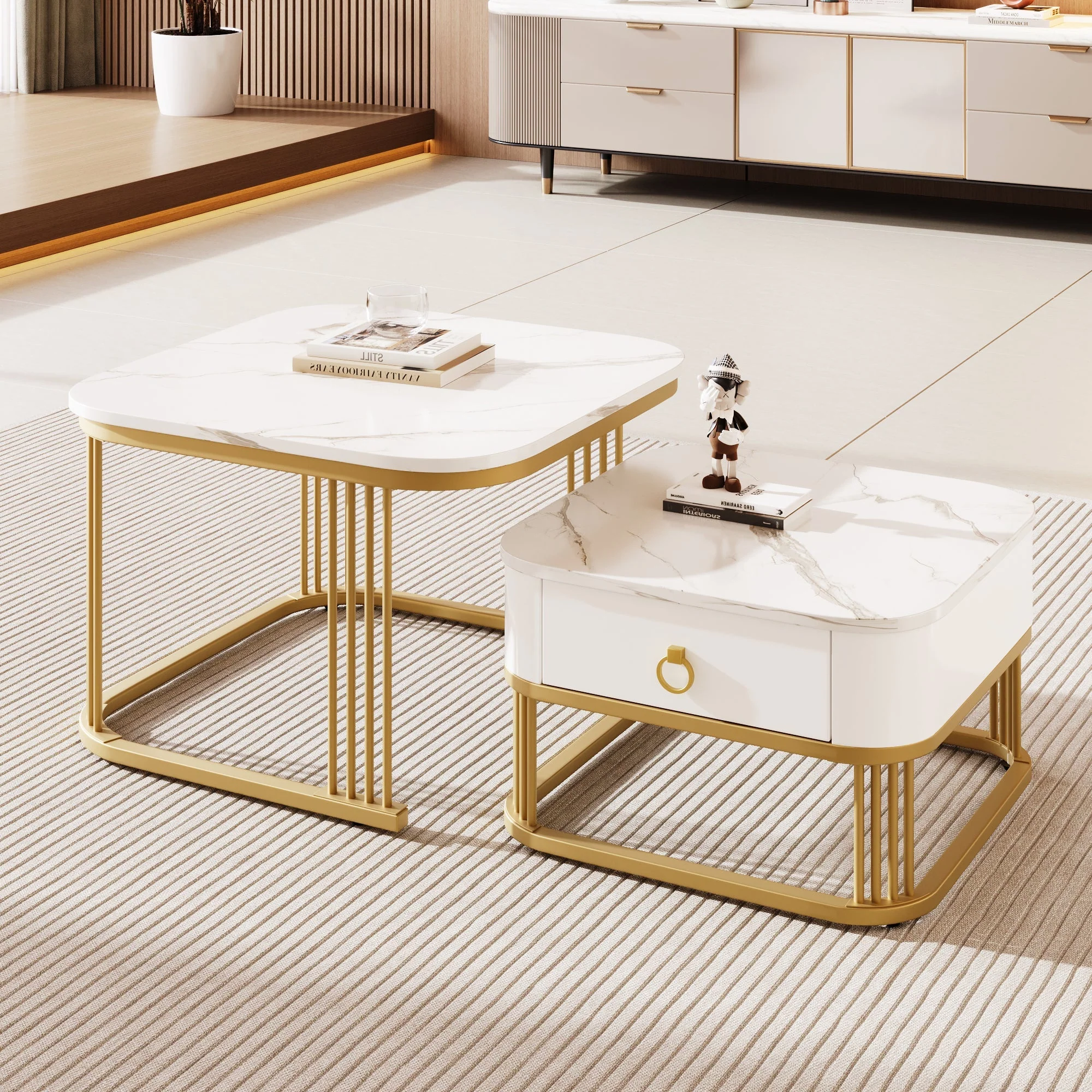 Nestable Coffee Table: High Gloss Marble Exterior, Gold Accents, Side Table with Drawer. Set of Two - Image 5