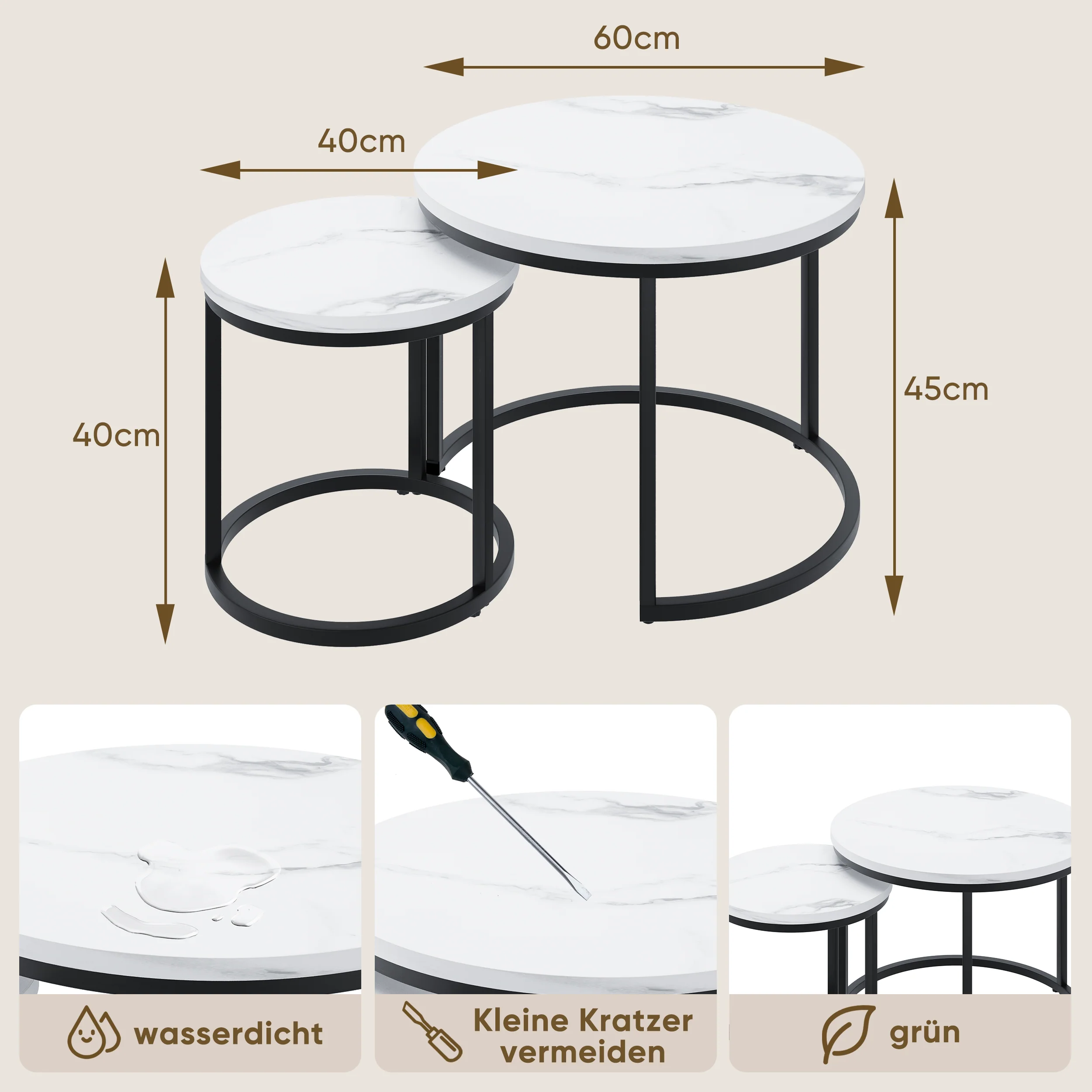 Nested coffee table 2 piece set, 60cm metal frame round modern, white - Image 2