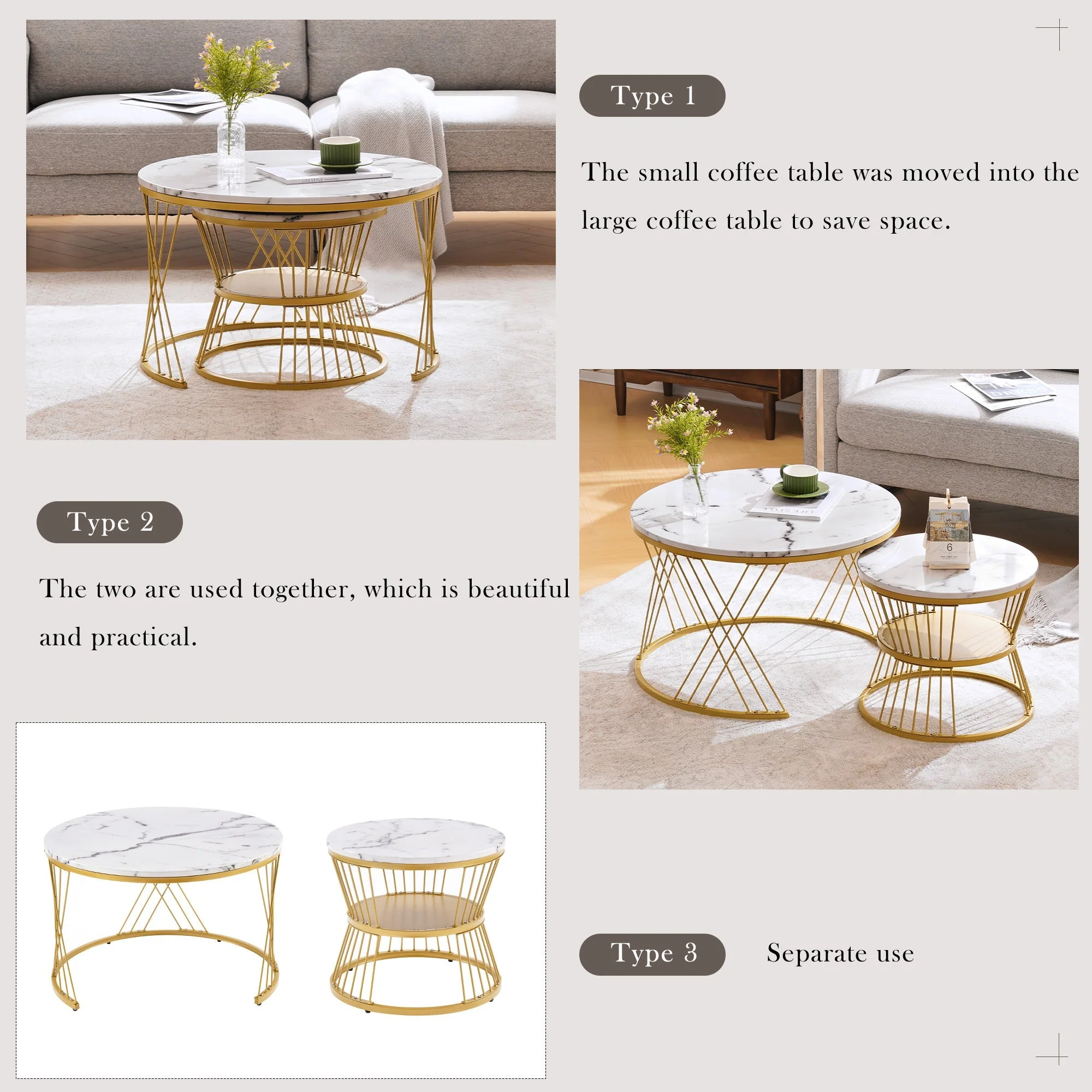 Nesting Coffee Table Set High Gloss Marble Veneer Round 2-Piece - Gold Frame - Image 2
