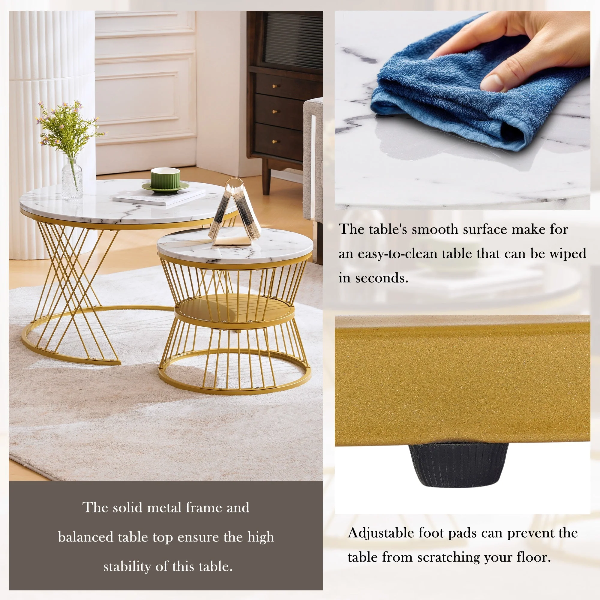 Nesting Coffee Table Set High Gloss Marble Veneer Round 2-Piece - Gold Frame - Image 4