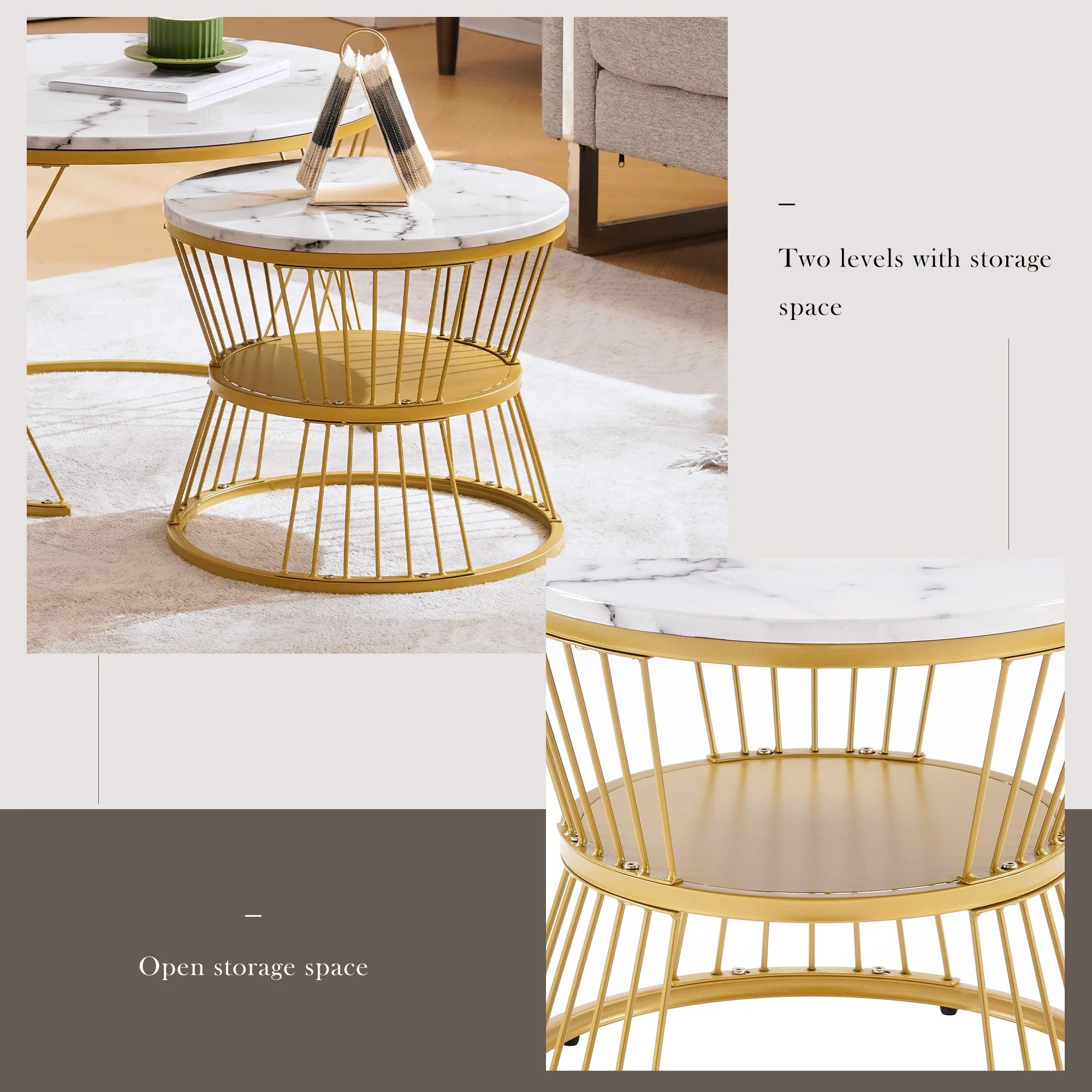 Nesting Coffee Table Set High Gloss Marble Veneer Round 2-Piece - Gold Frame - Image 5