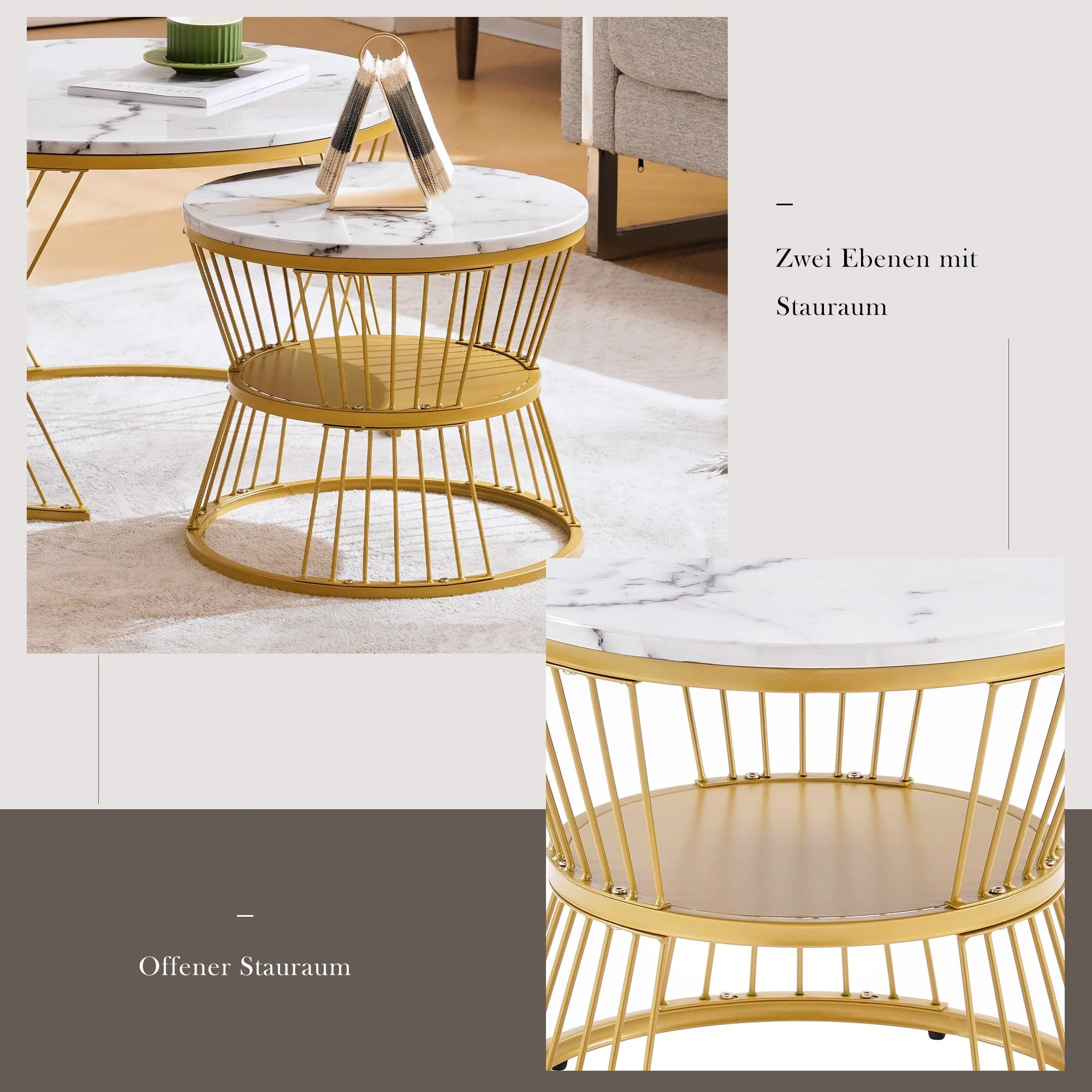 Nesting Coffee Table Set High Gloss Marble Veneer Round 2-Piece - Gold Frame - Image 9
