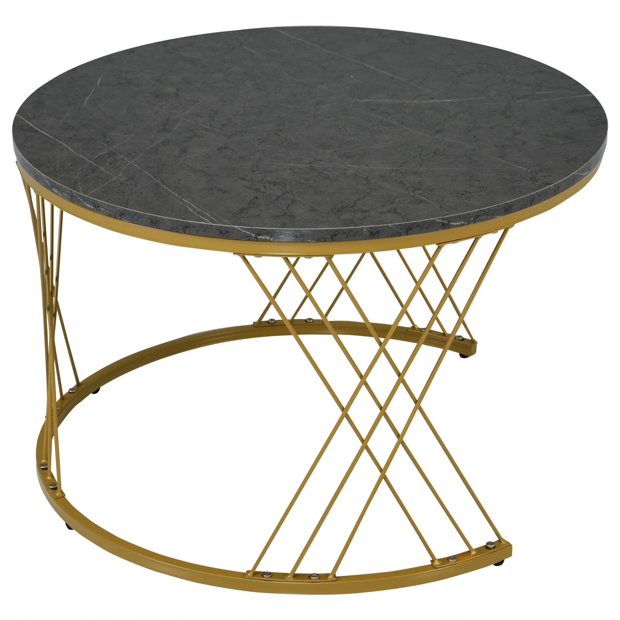 Nesting Coffee Table Set Modern Round Set of 2 Marble Veneer - Gold Frame - Image 7