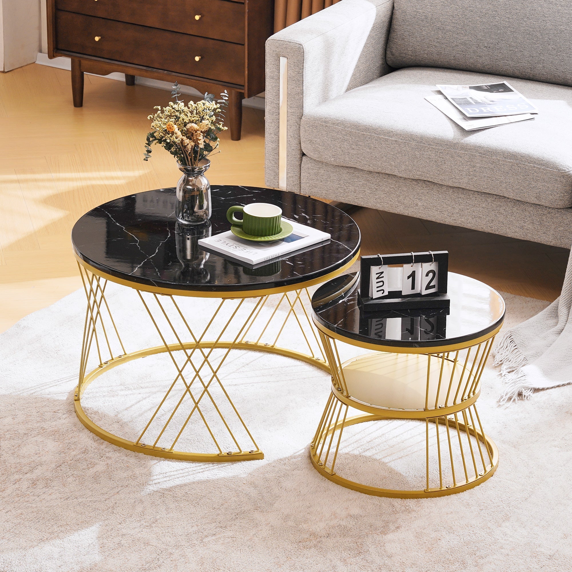 Nesting Coffee Table Set of 2 Round High Gloss Marble Veneer Gold Frame - Image 2