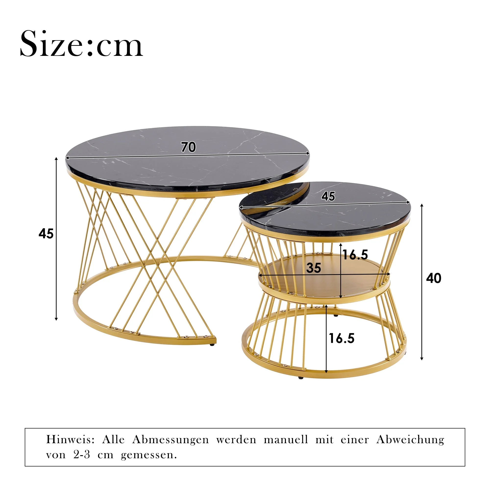 Nesting Coffee Table Set of 2 Round High Gloss Marble Veneer Gold Frame - Image 9