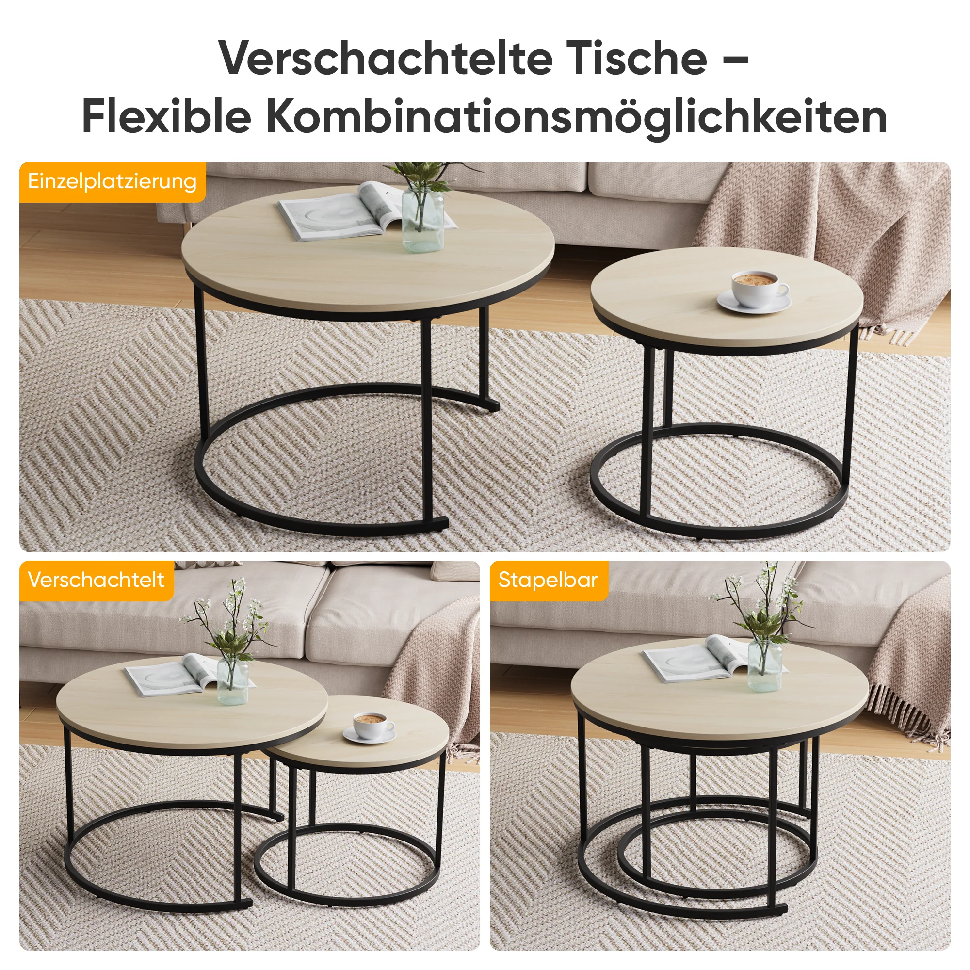 Nesting Coffee Table Set, Two-Piece Round 70cm Diameter with Metal Frame, Oak Wood Veneer - Image 6