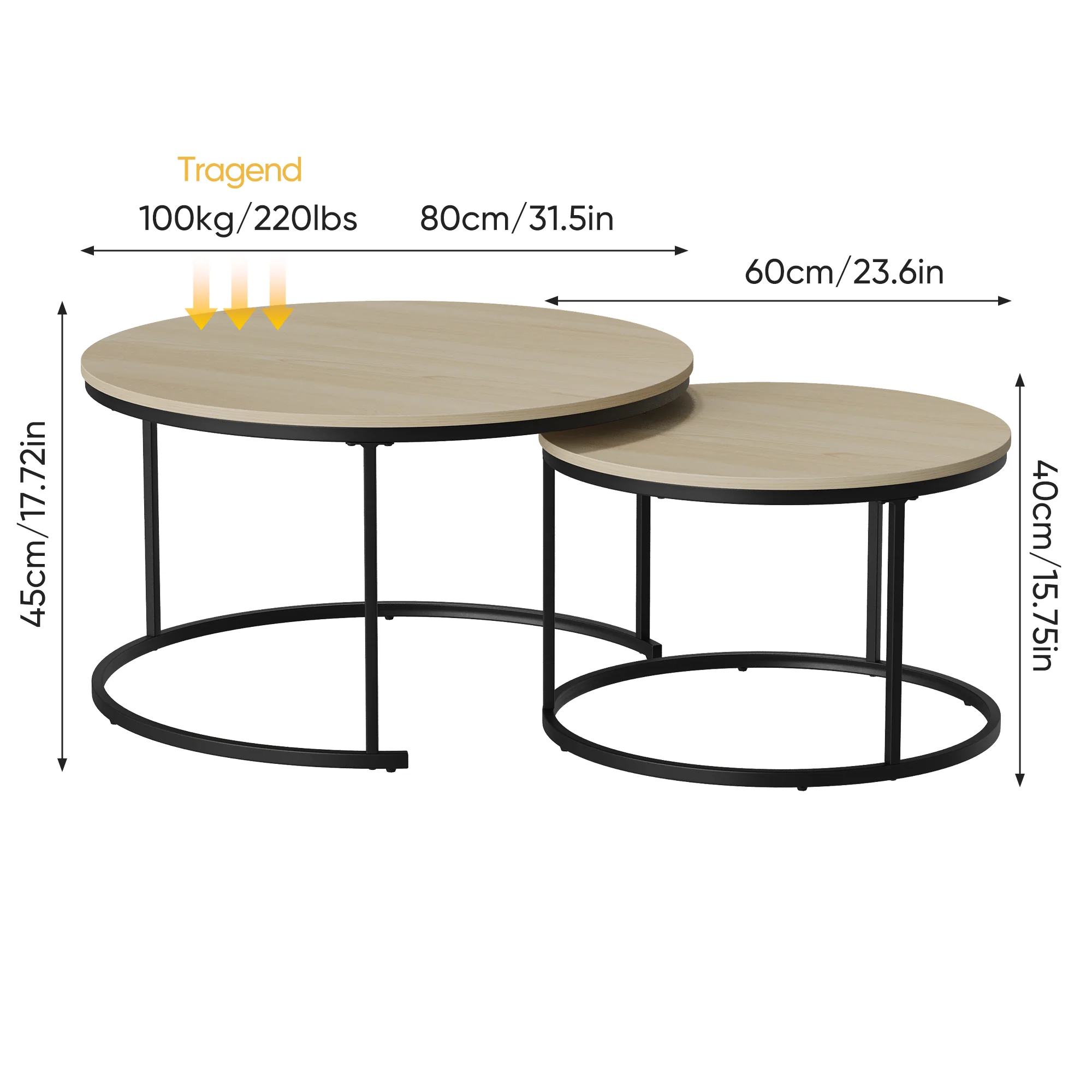 Nesting Coffee Table Set, Two-piece Round 80cm Modern Design, Oak Veneer and Metal Frame - Image 2