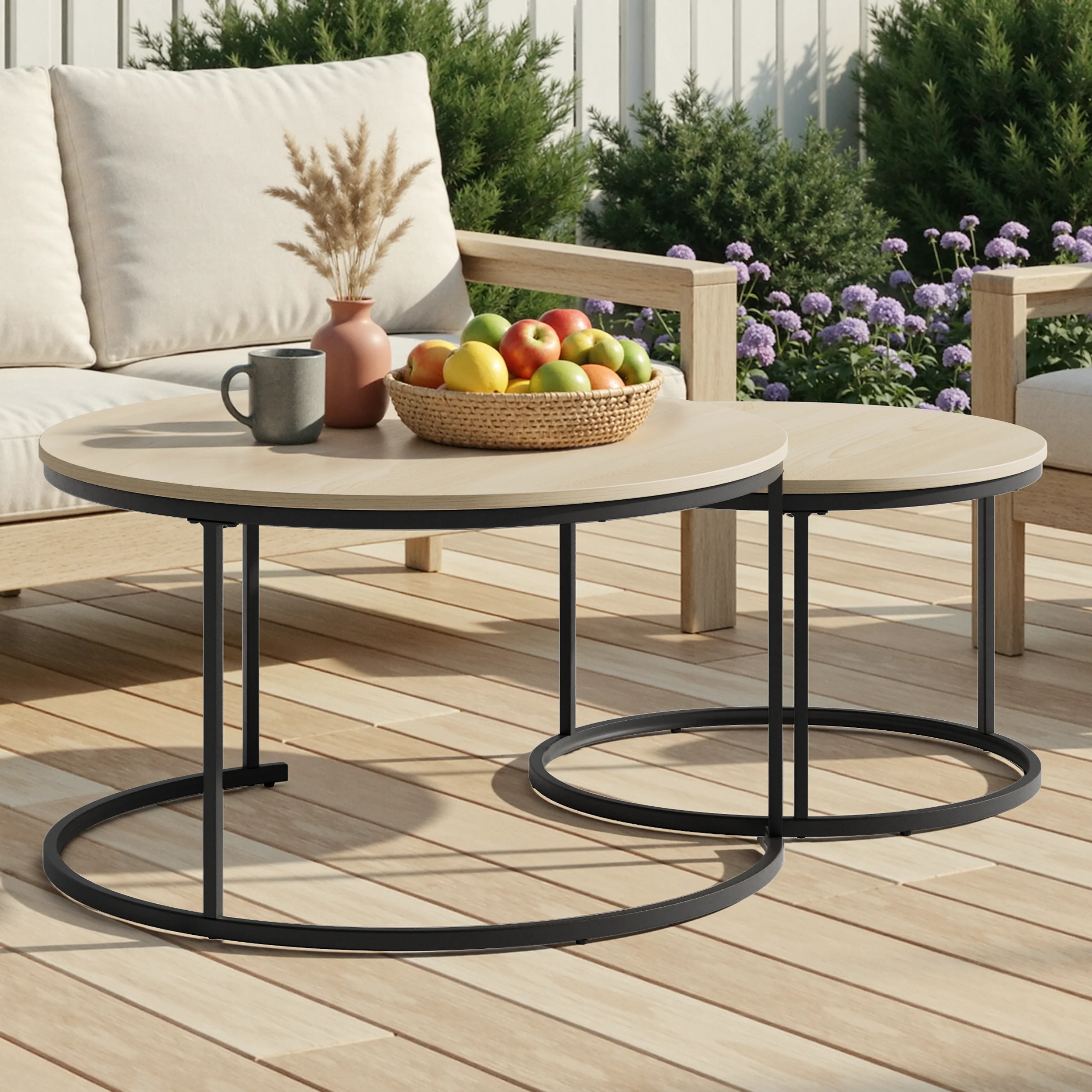 Nesting Coffee Table Set, Two-piece Round 80cm Modern Design, Oak Veneer and Metal Frame - Image 5