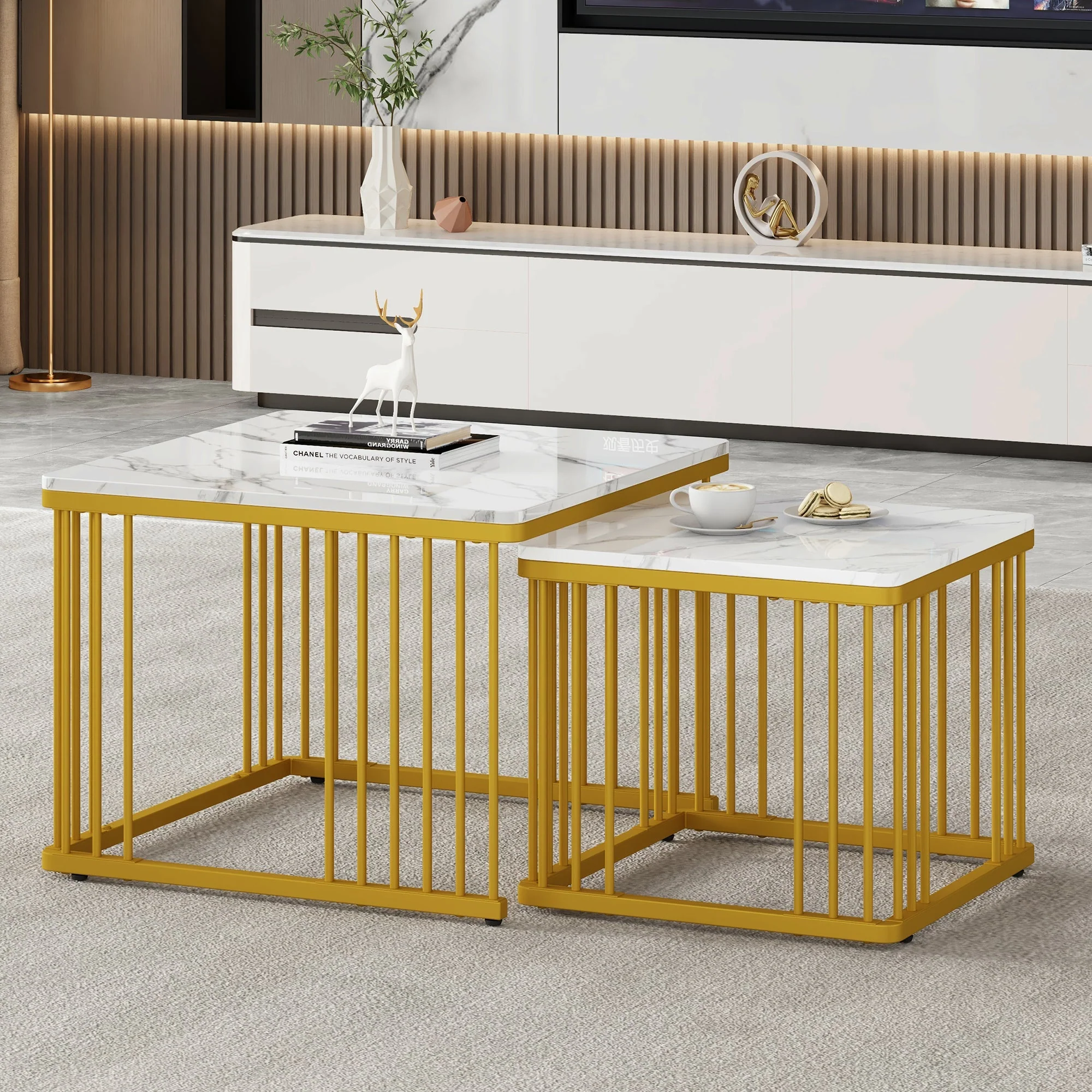 Nesting Coffee Tables Set of 2 Square Marble-Effect High-Gloss - Gold Legs - Image 2