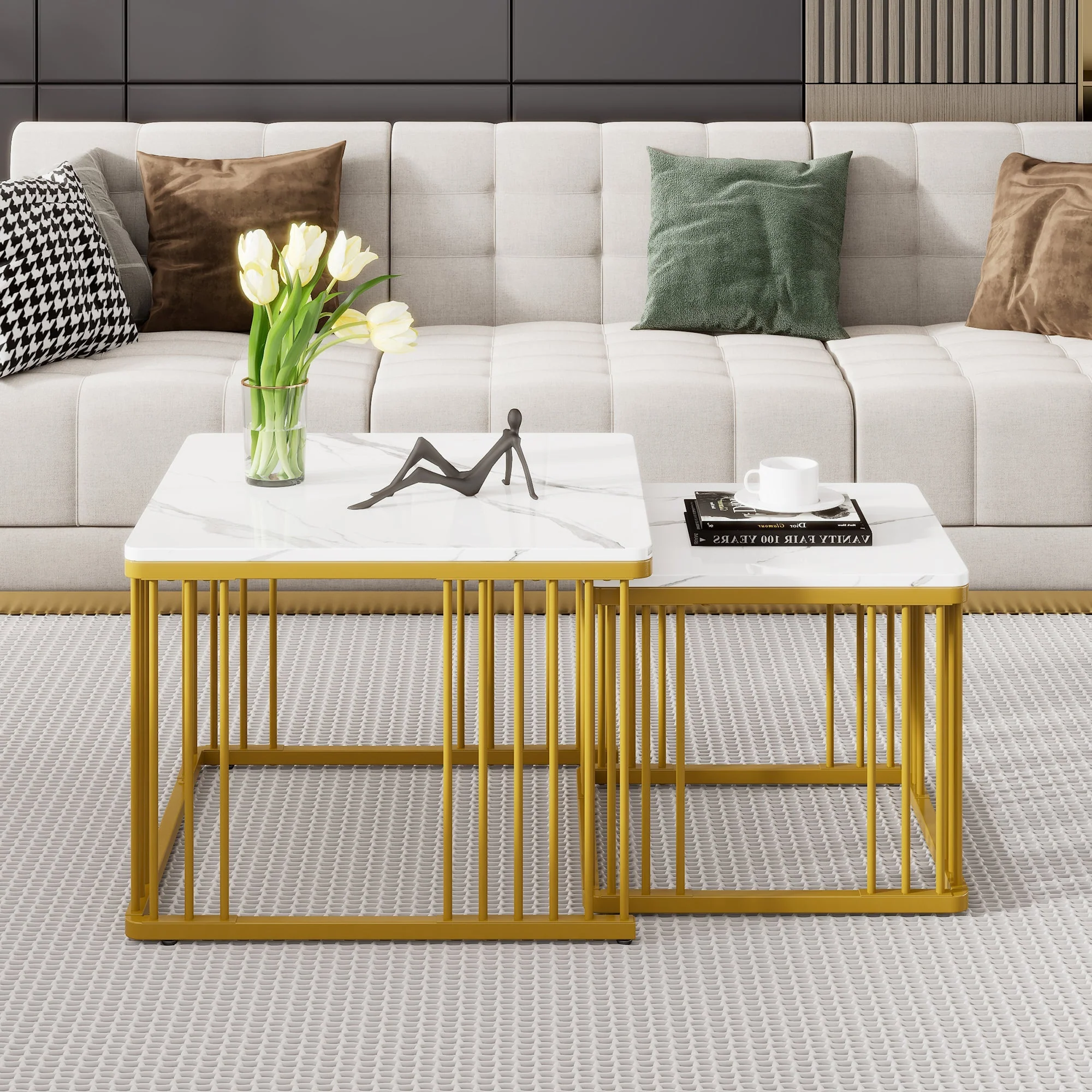 Nesting Coffee Tables Set of 2 Square Marble-Effect High-Gloss - Gold Legs - Image 3