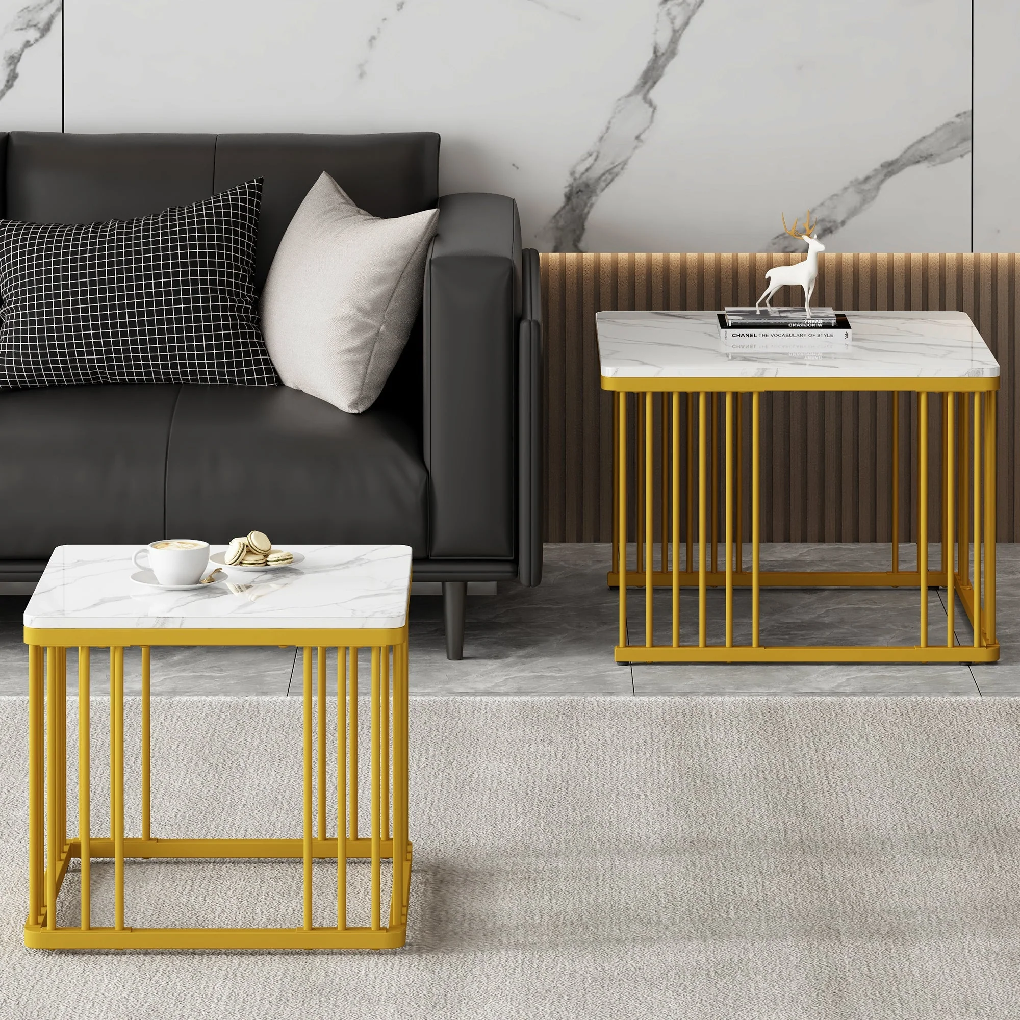 Nesting Coffee Tables Set of 2 Square Marble-Effect High-Gloss - Gold Legs - Image 4