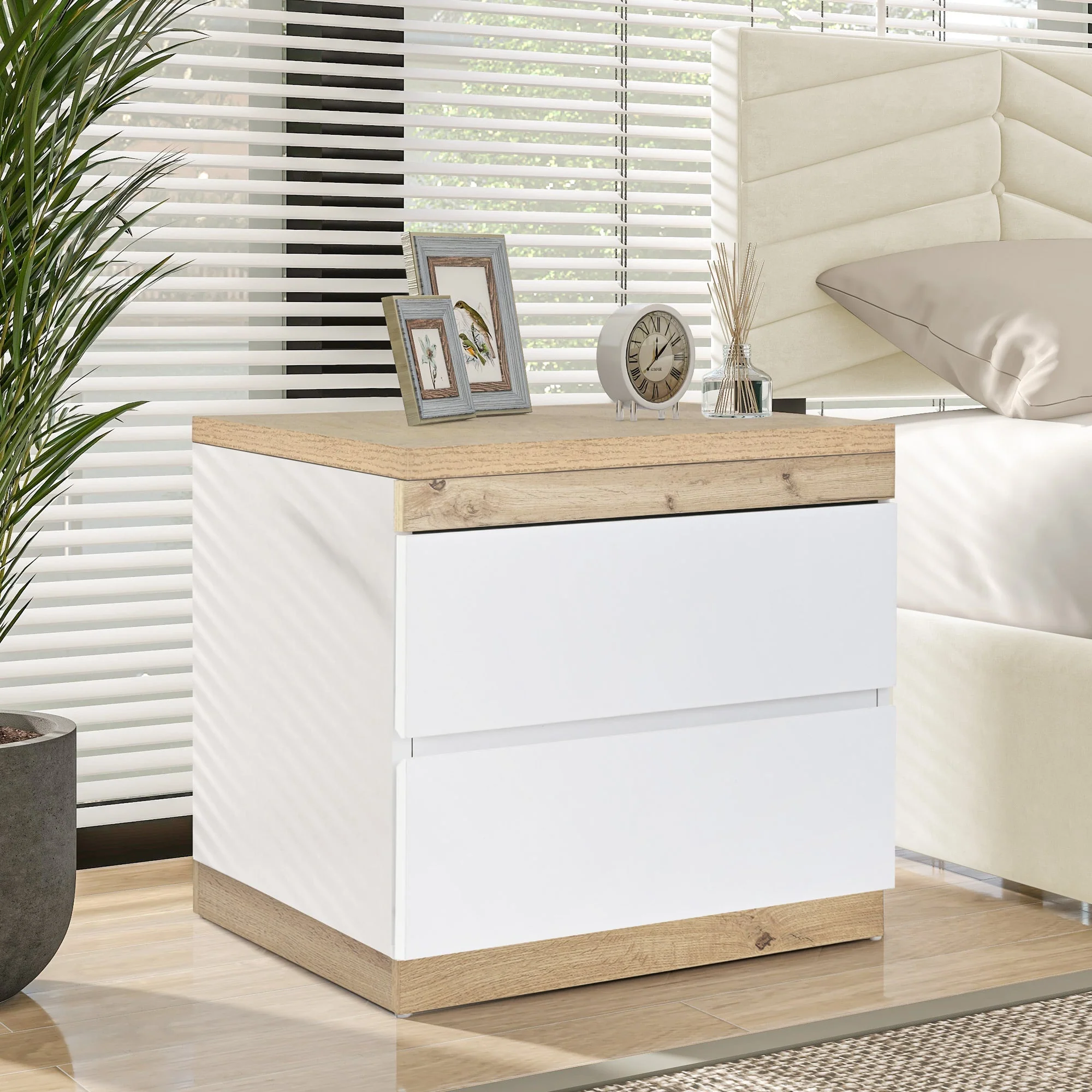 Nightstand 2 Drawers Storage - White/Oak E1 Chipboard - Image 2