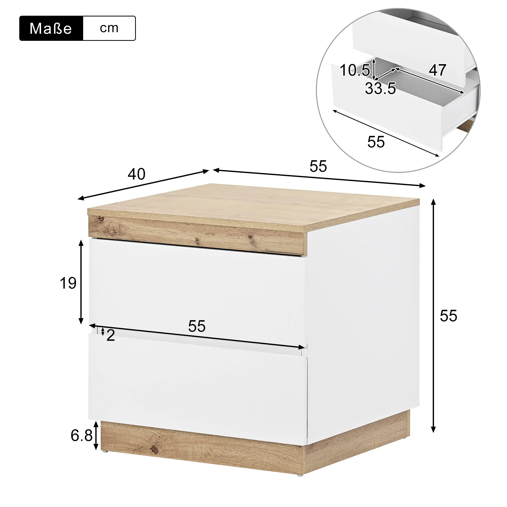 Nightstand 2 Drawers Storage - White/Oak E1 Chipboard - Image 9