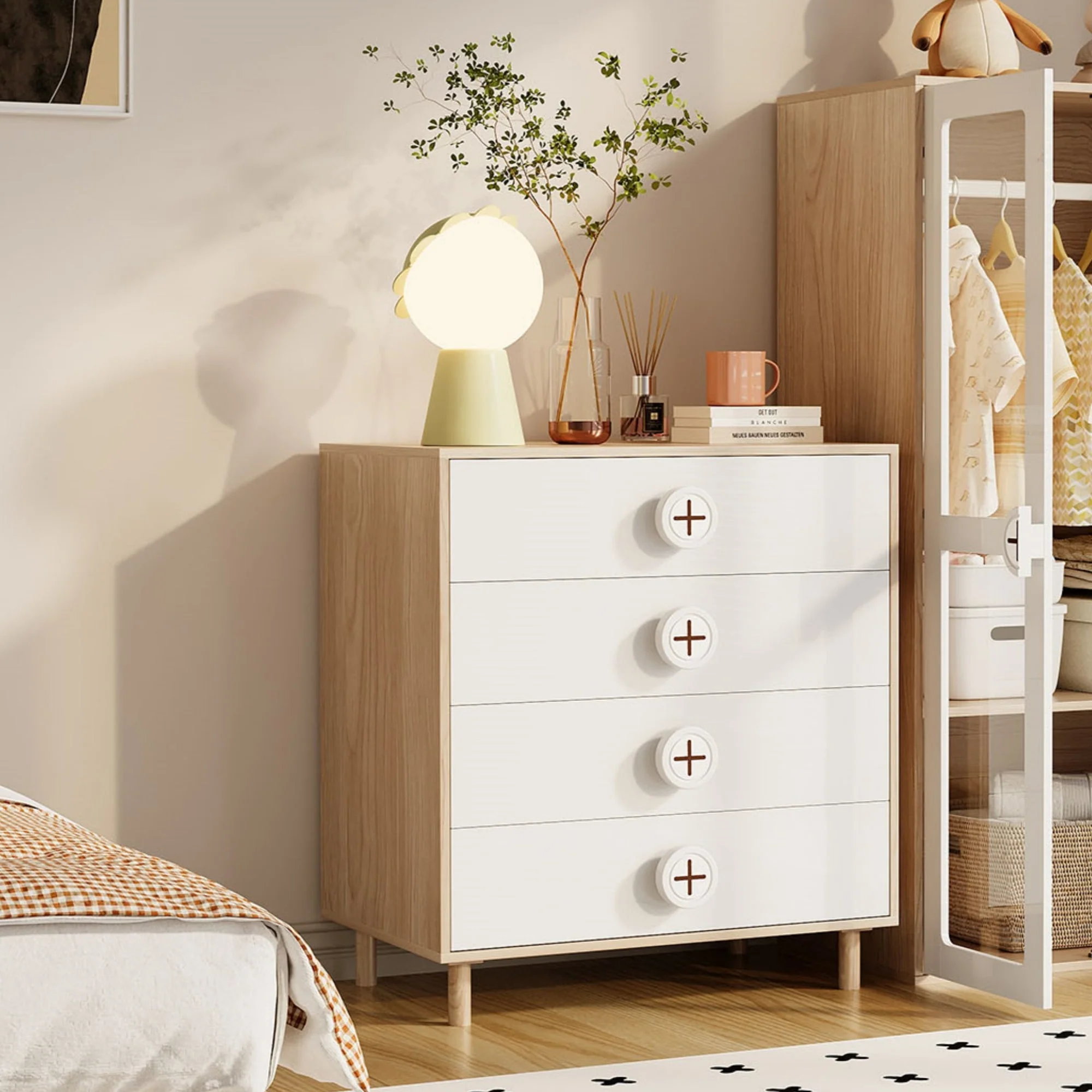 Nightstand/Chest of Drawers 4-Drawer Storage Cabinet Lacquered Panel White - Image 3