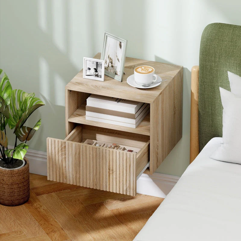 Nightstand Handleless Wall-Mounted Drawer & Open Compartment Light Brown - Image 5