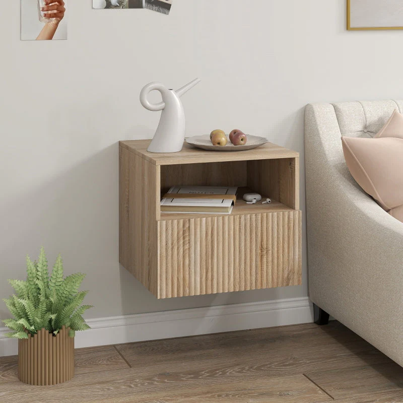 Nightstand Handleless Wall-Mounted Drawer & Open Compartment Light Brown - Image 6