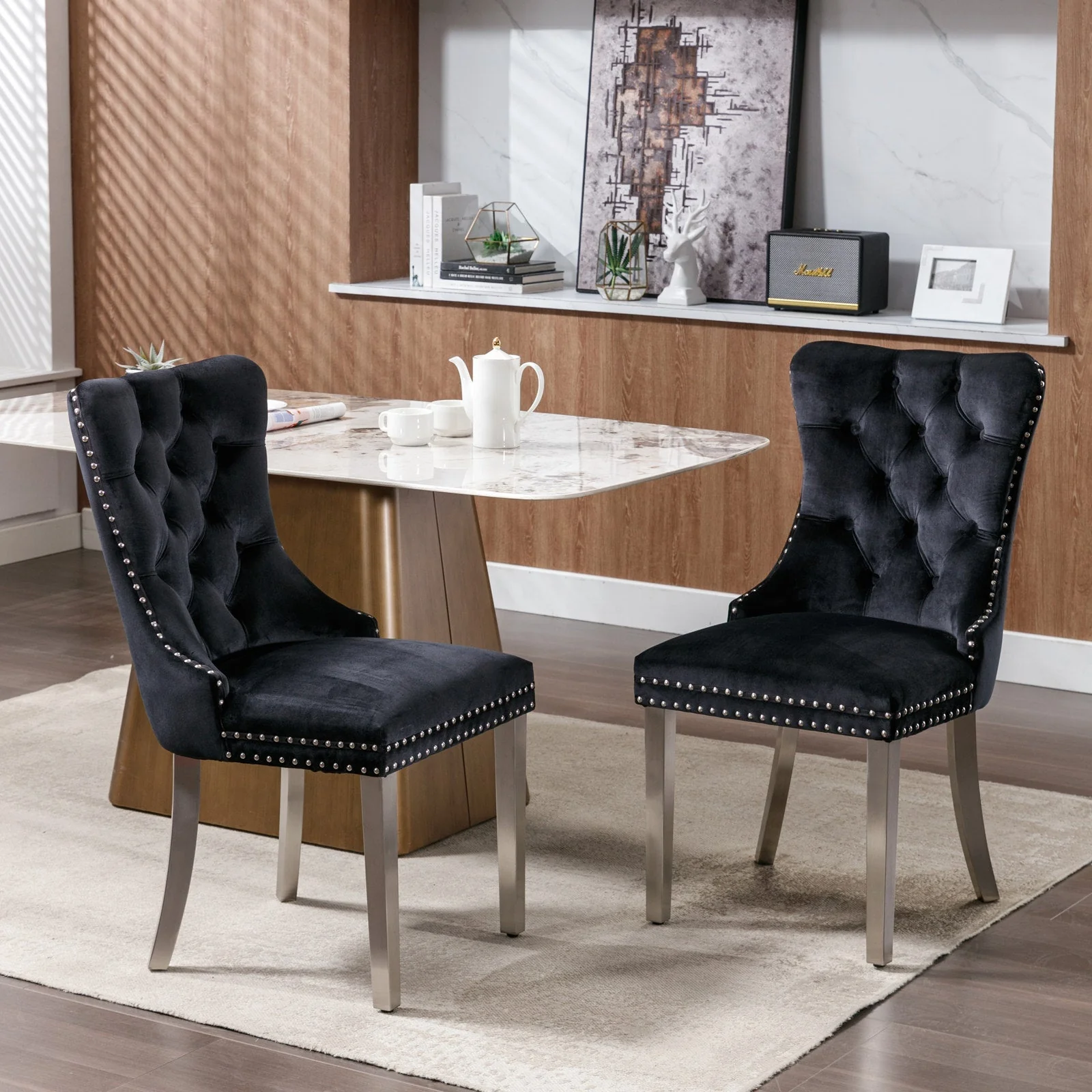Nikki Collection Modern Tufted Velvet Dining Chair Set of 2 Chrome Legs - Black/Chrome