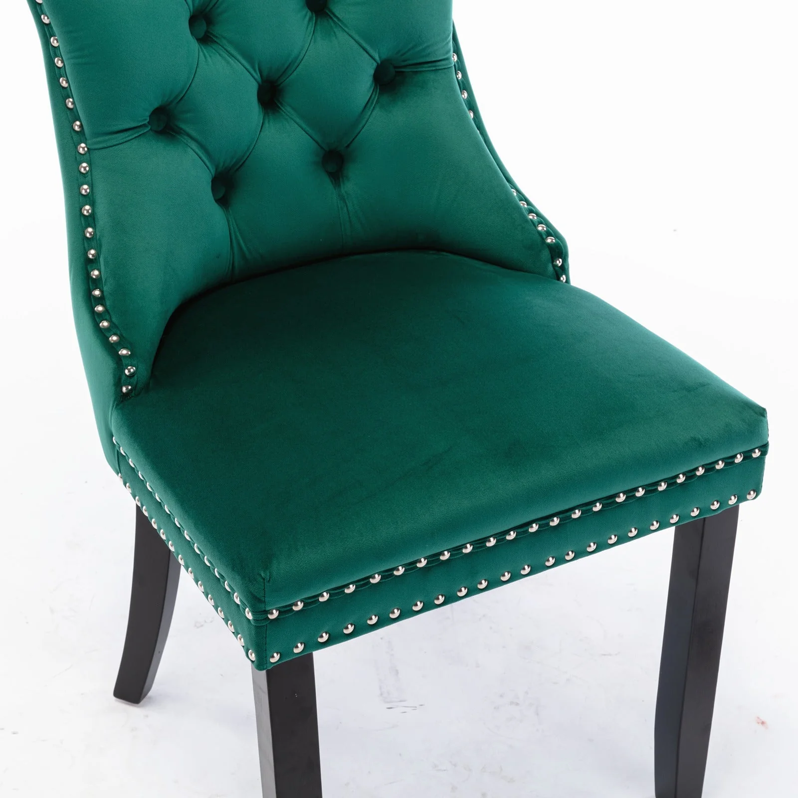 Nikki Collection Tufted Upholstered Dining Chair Wood Legs Nailhead Trim Set of 2 - Green Velvet - Image 8
