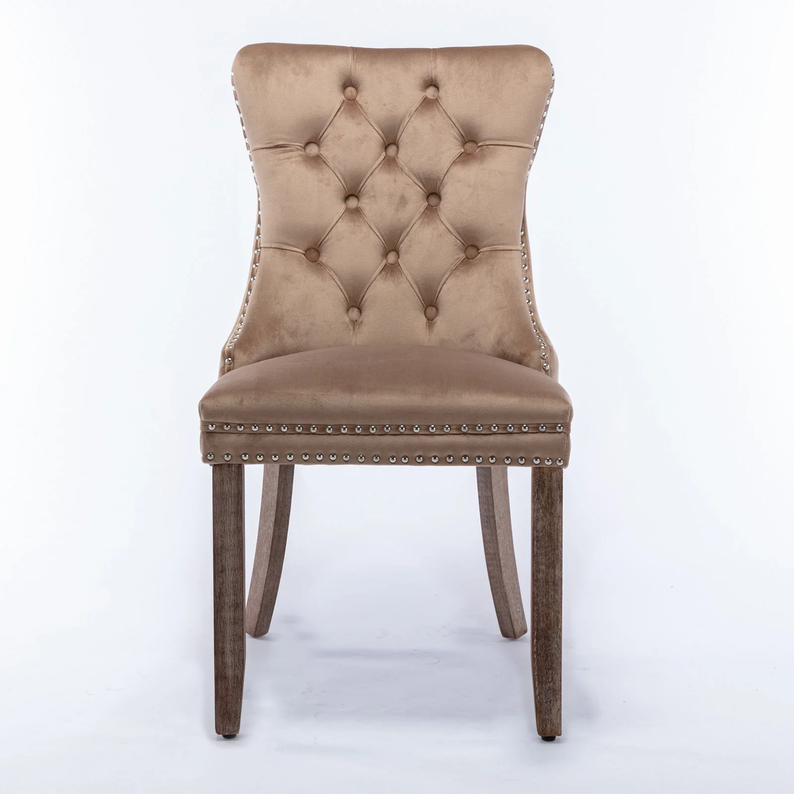 Nikki Collection Tufted Velvet Dining Chair Nailhead Trim 2-Pc Set - Khaki - Image 2