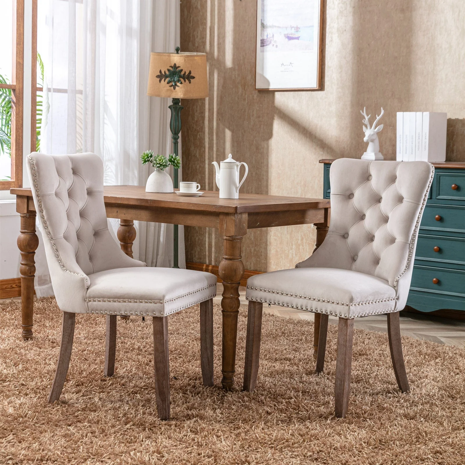 Nikki Collection Tufted Velvet Upholstered Dining Chair Wood Legs Nailhead Trim 2-Pcs Set - Beige