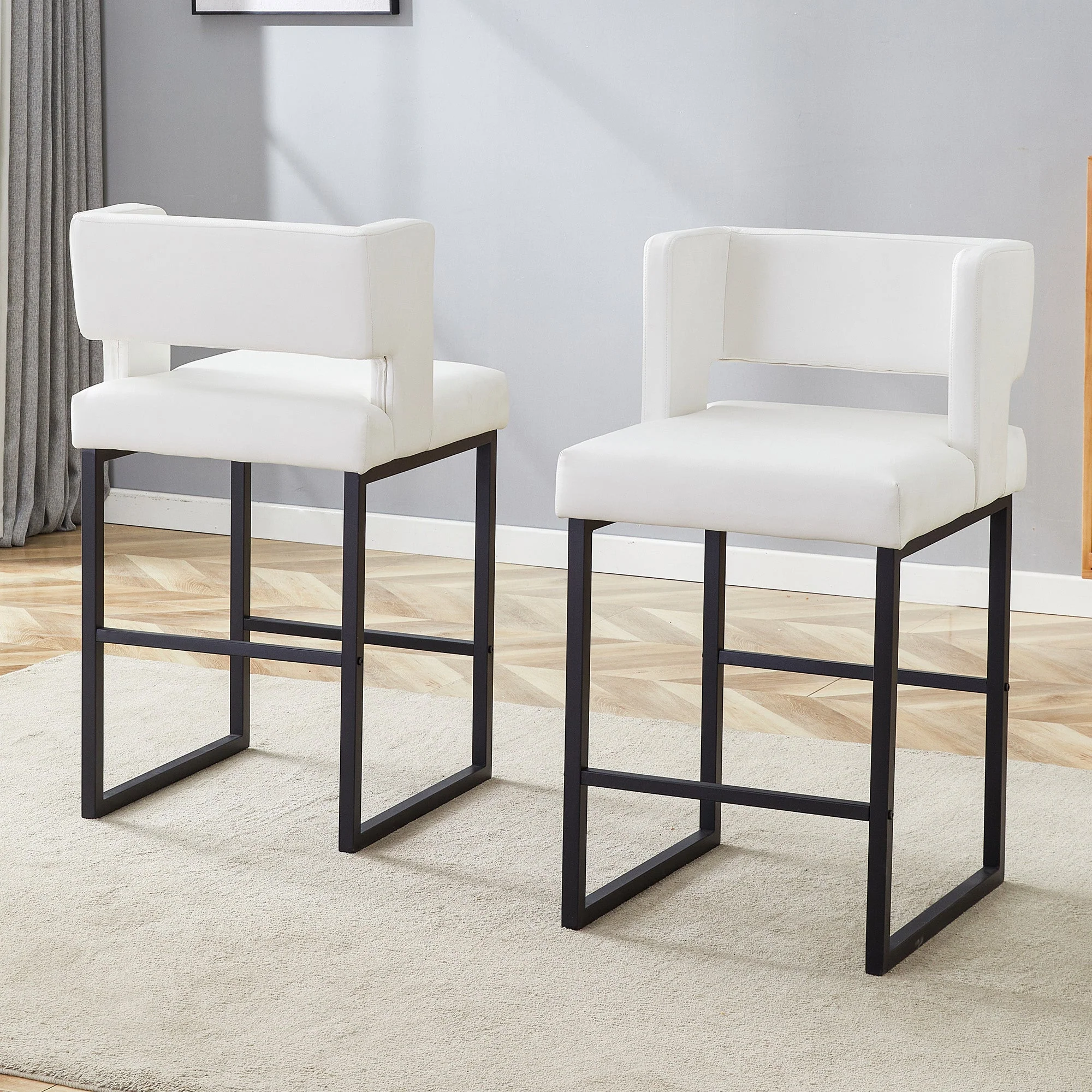 Nordic Bar Stool Set of 2 Modern Square Design Black Metal Legs - White