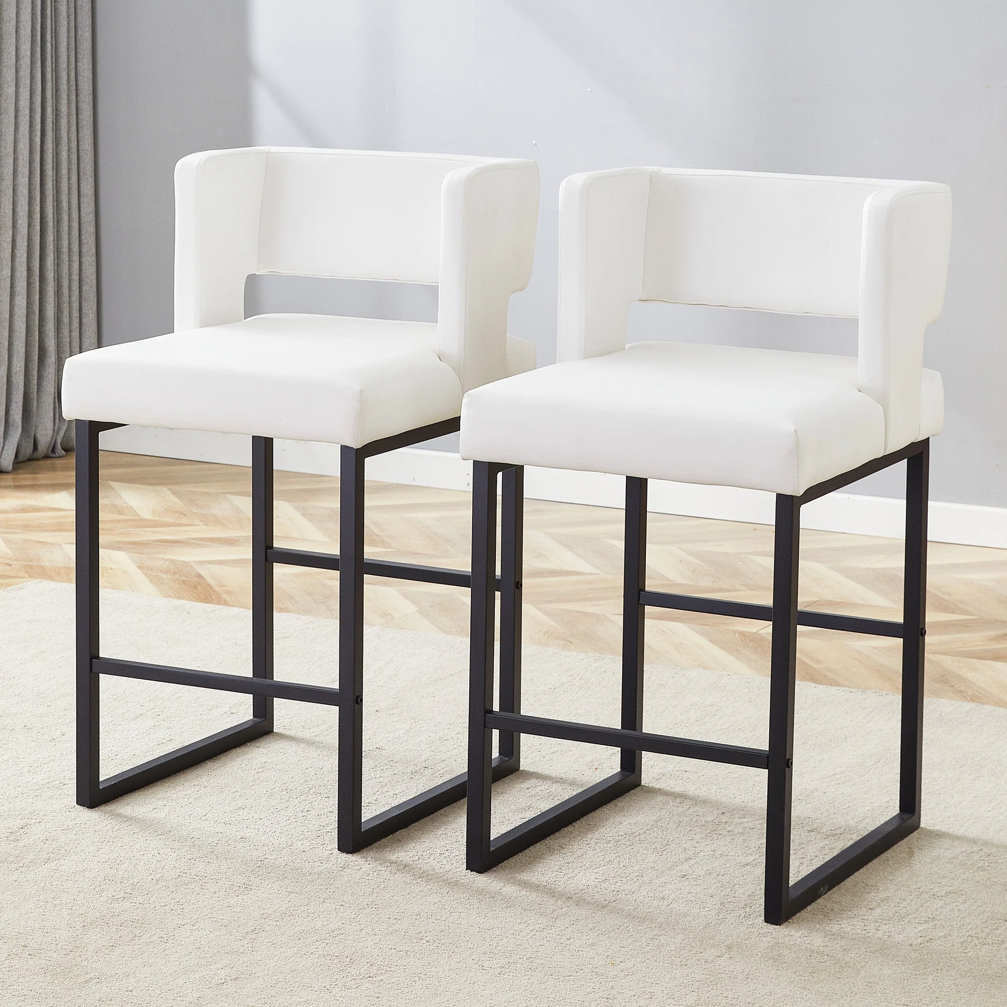 Nordic Bar Stool Set of 2 Modern Square Design Black Metal Legs - White - Image 2