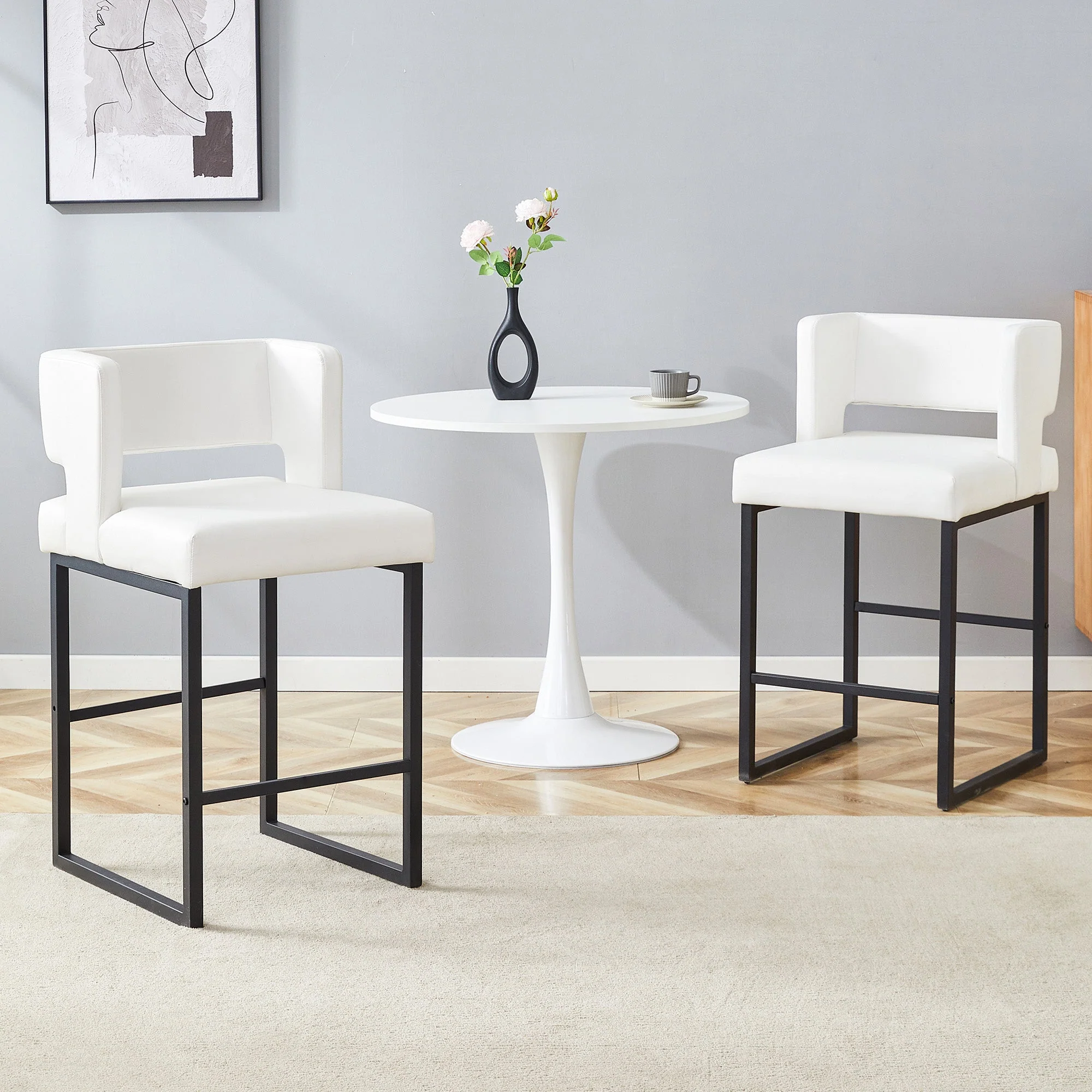 Nordic Bar Stool Set of 2 Modern Square Design Black Metal Legs - White - Image 3