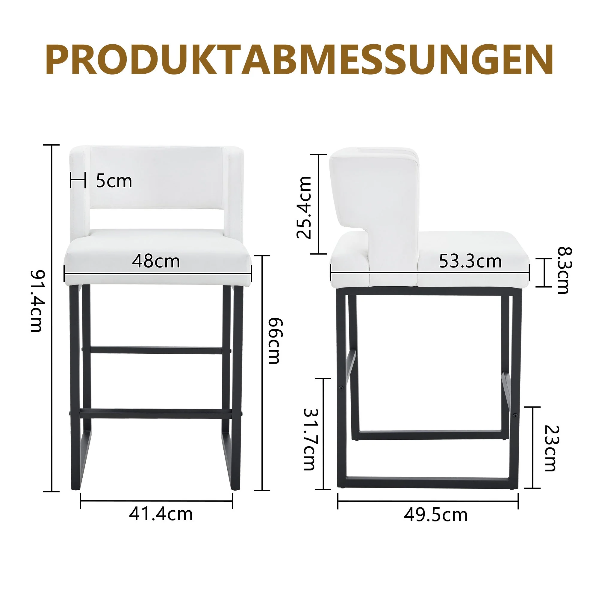 Nordic Bar Stool Set of 2 Modern Square Design Black Metal Legs - White - Image 4