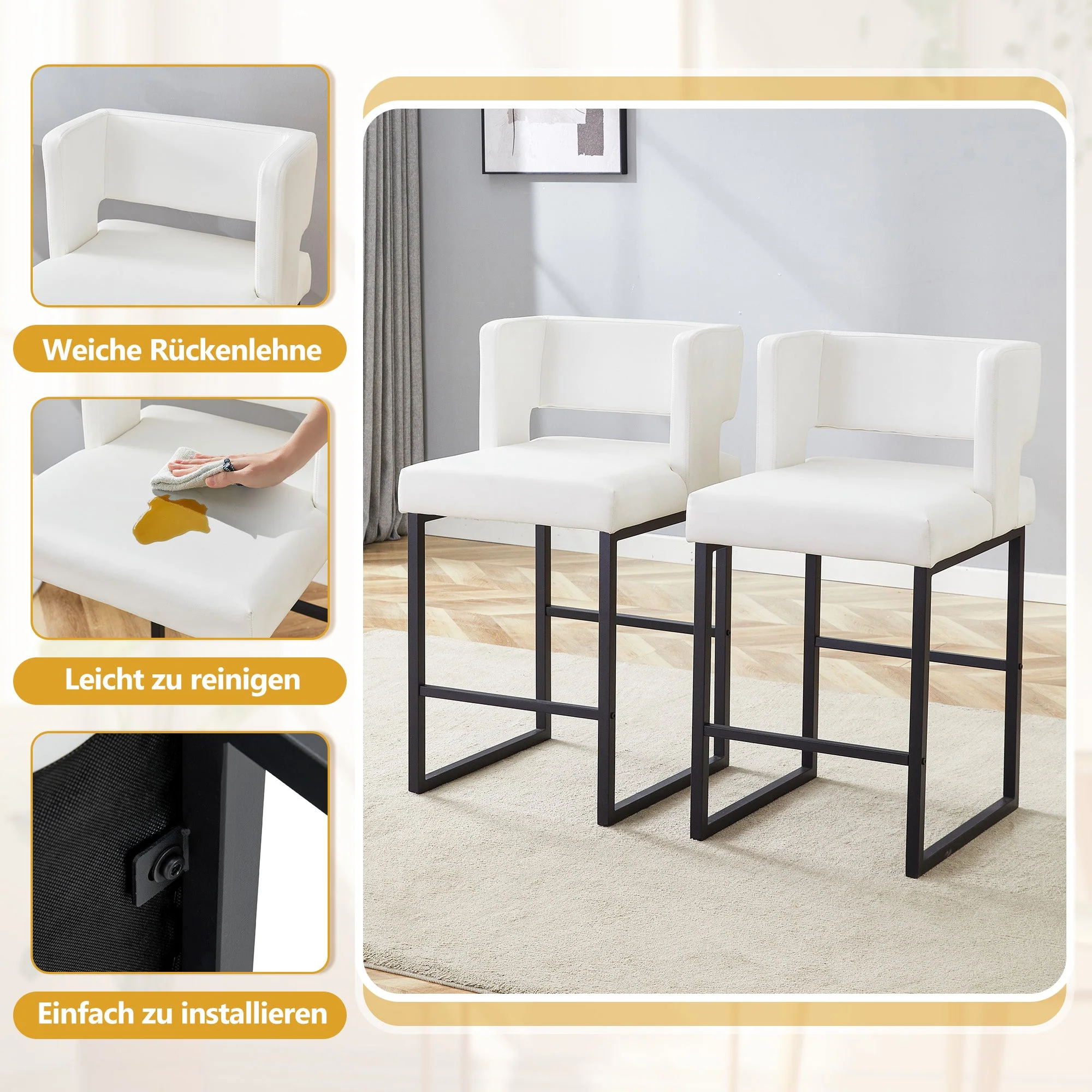 Nordic Bar Stool Set of 2 Modern Square Design Black Metal Legs - White - Image 5