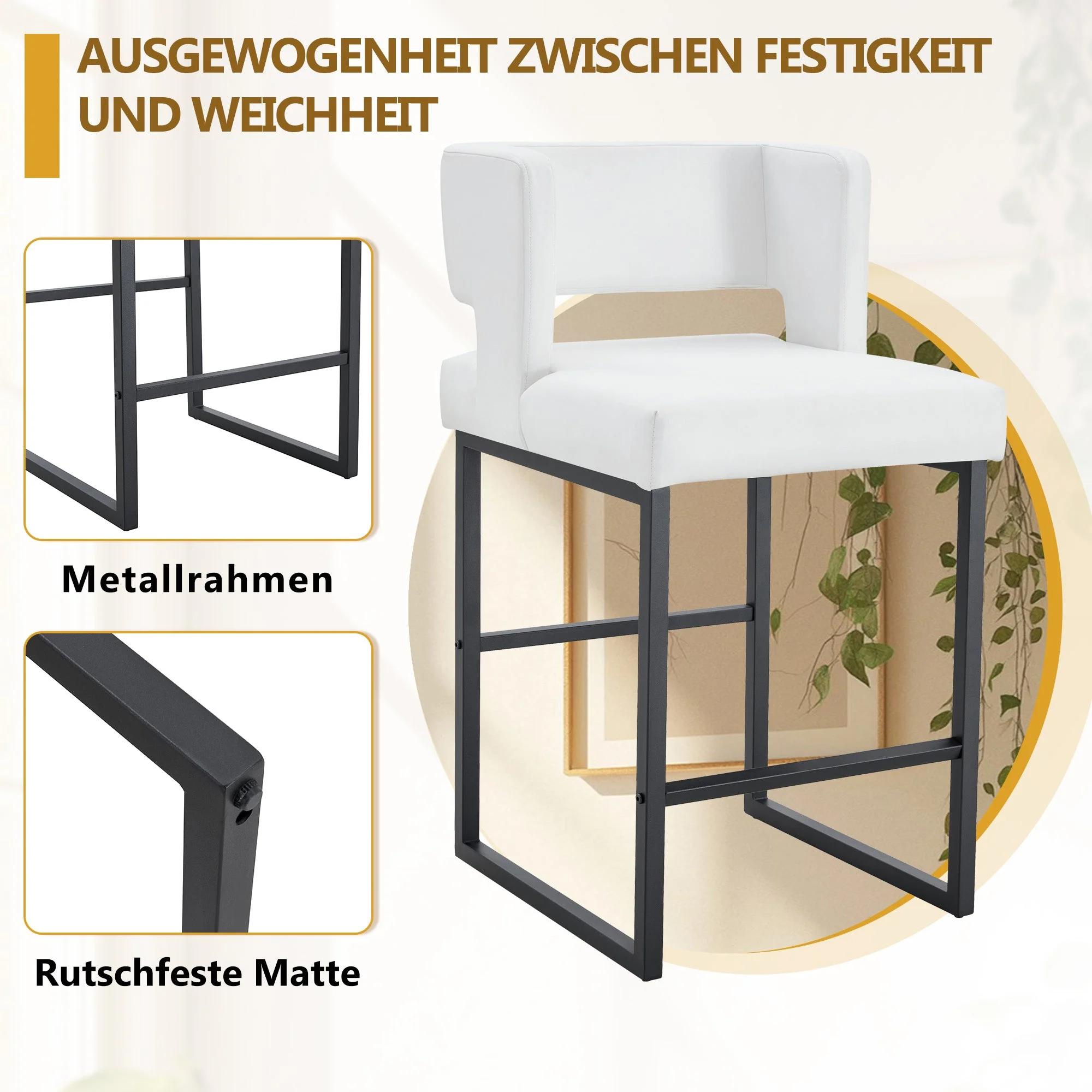 Nordic Bar Stool Set of 2 Modern Square Design Black Metal Legs - White - Image 6