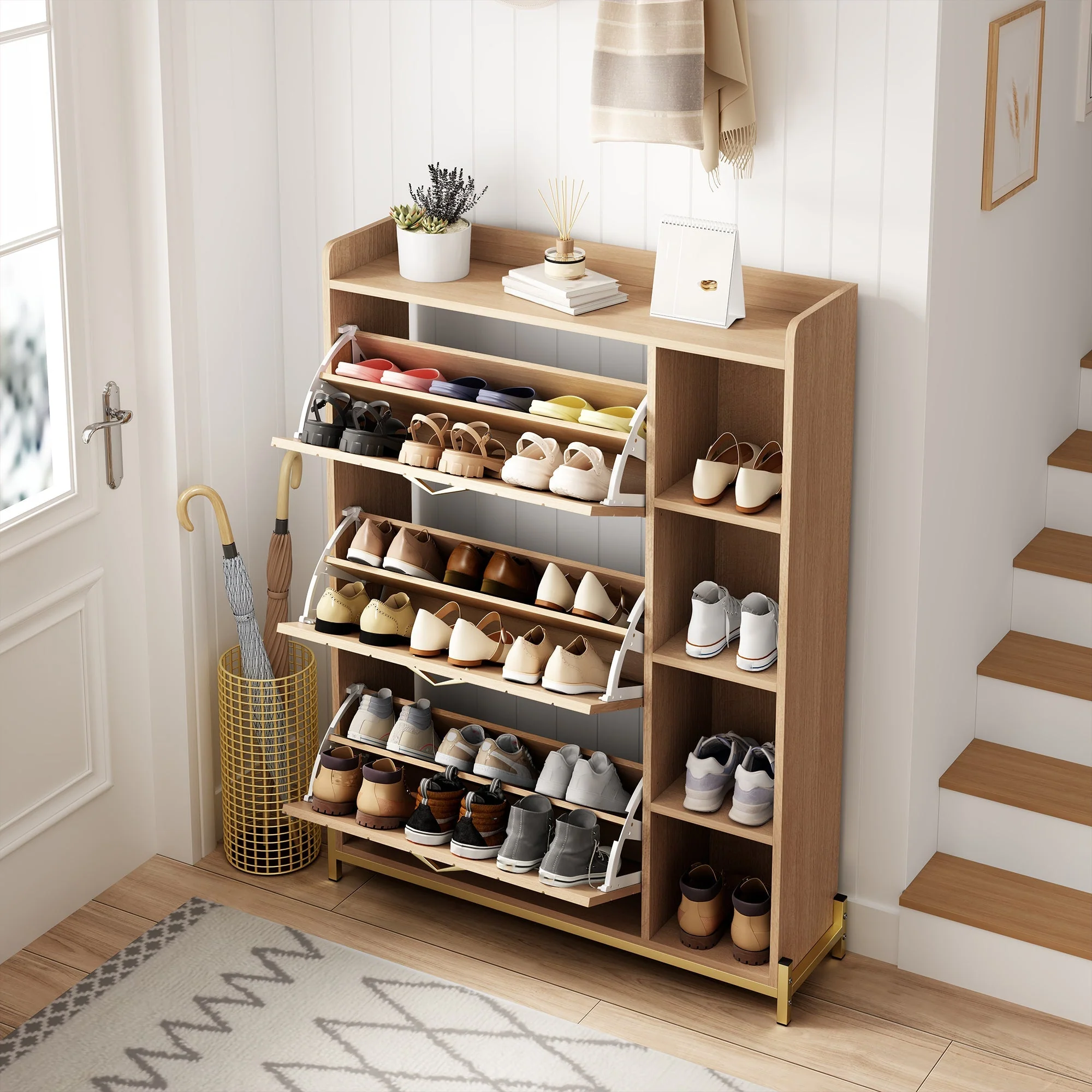 Nordic Style Shoe Cabinet with 3 Doors, Hinged Lid and Side Shelves, Oak Grain - Image 3