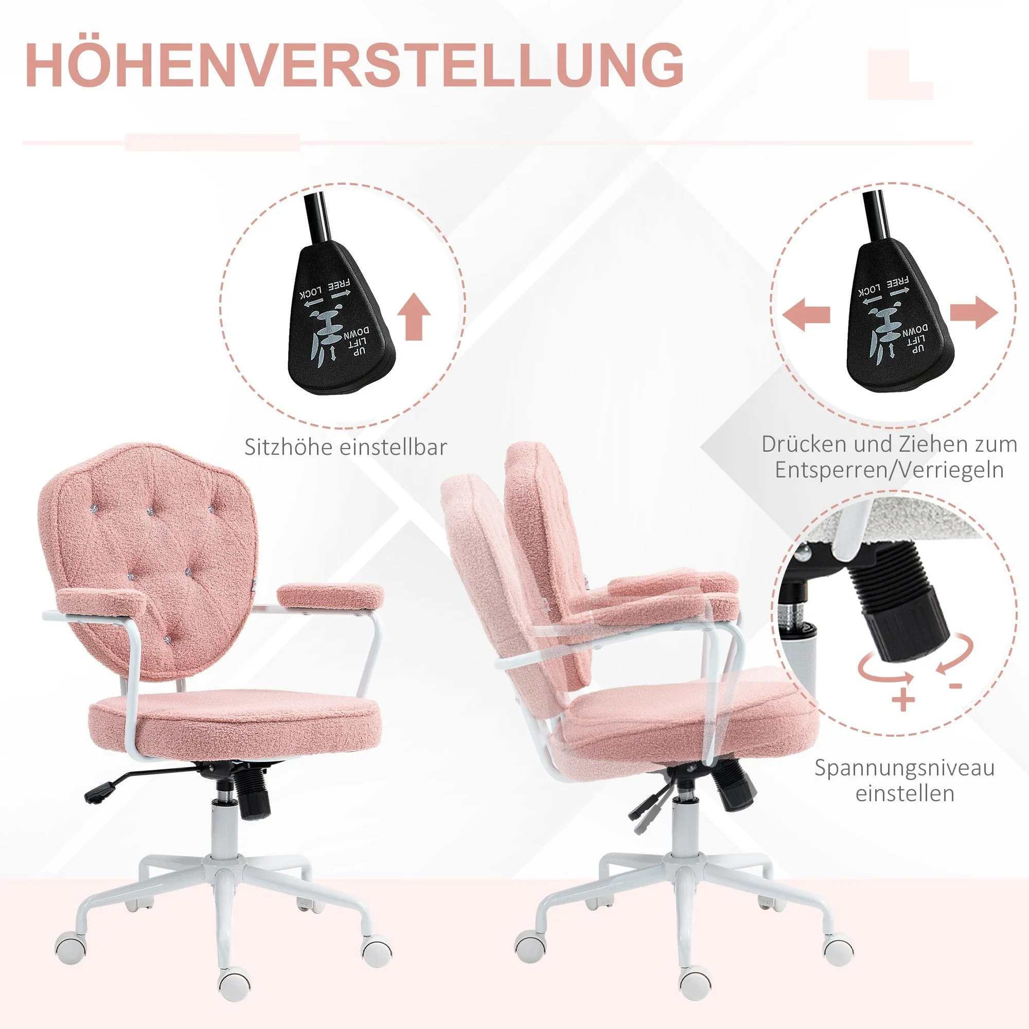 Office Chair, Ergonomic Desk with Rocking and Swivel, Pink Teddy Fleece - Image 5