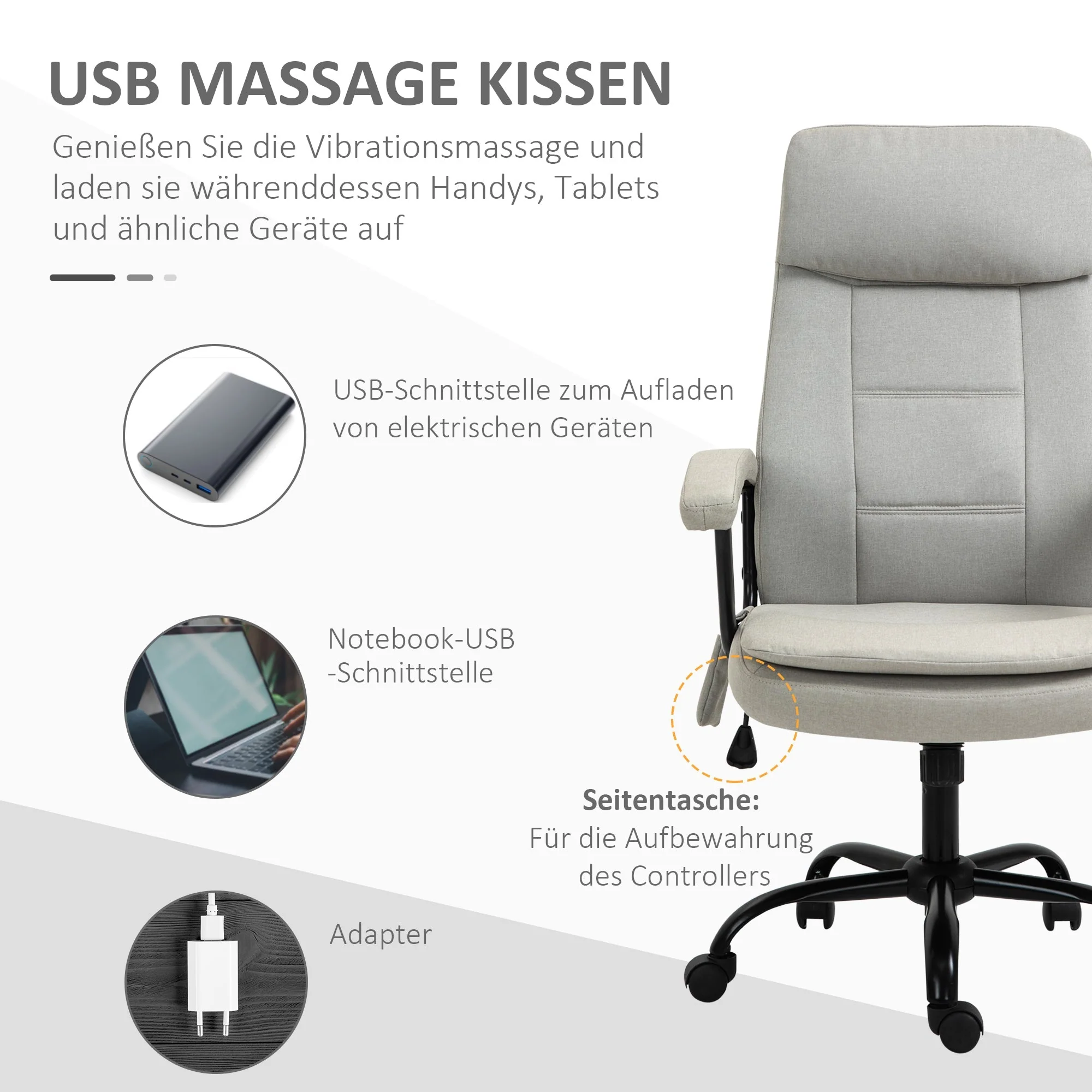 Office Chair, Ergonomic Massage Function Height-Adjustable Rocking, Beige - Image 4