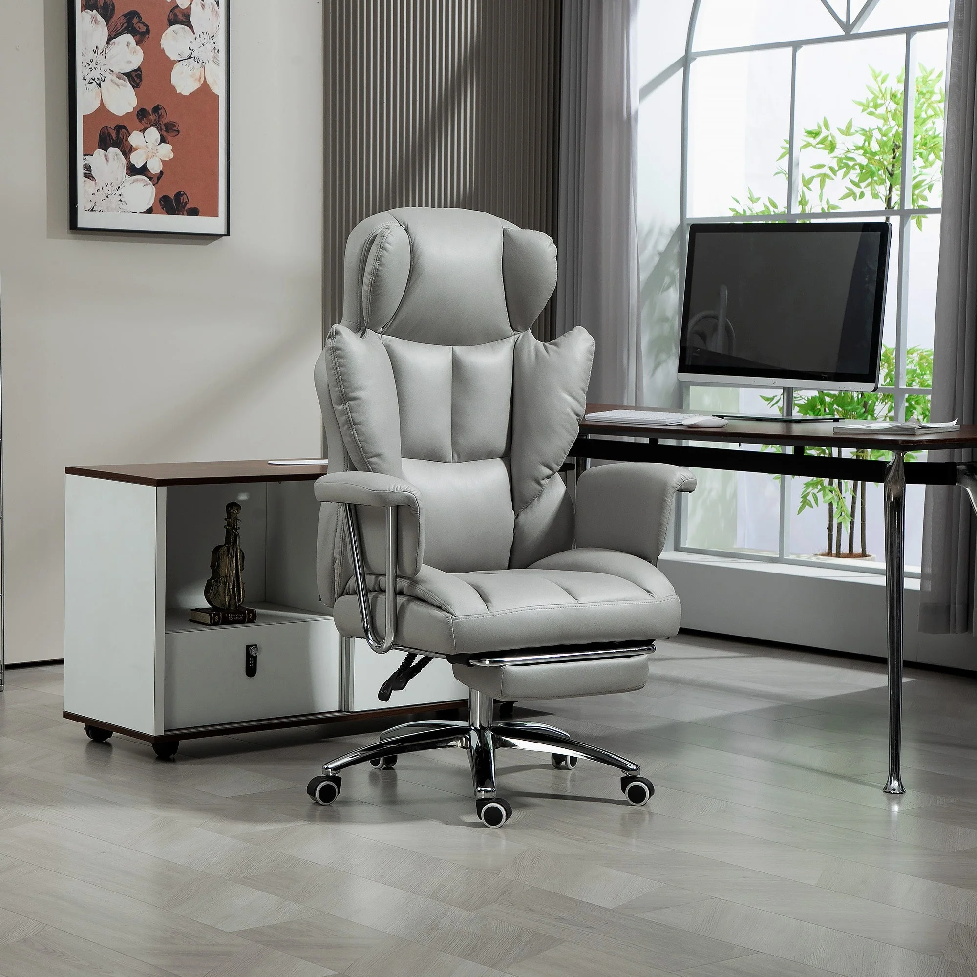 Office Chair, Ergonomic Swivel with Footrest, Light Grey - Image 7