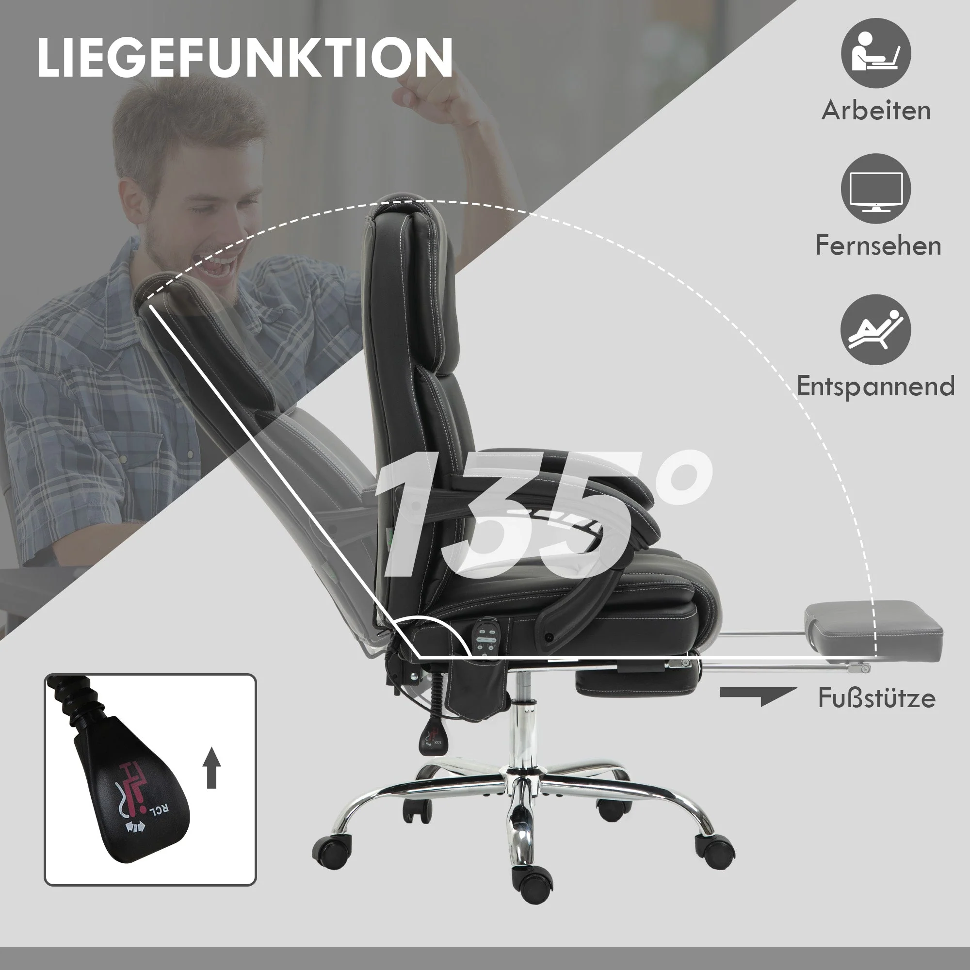 Office Chair, Ergonomic Vibration Massage Heating Reclining Footrest, Faux Leather Black - Image 5