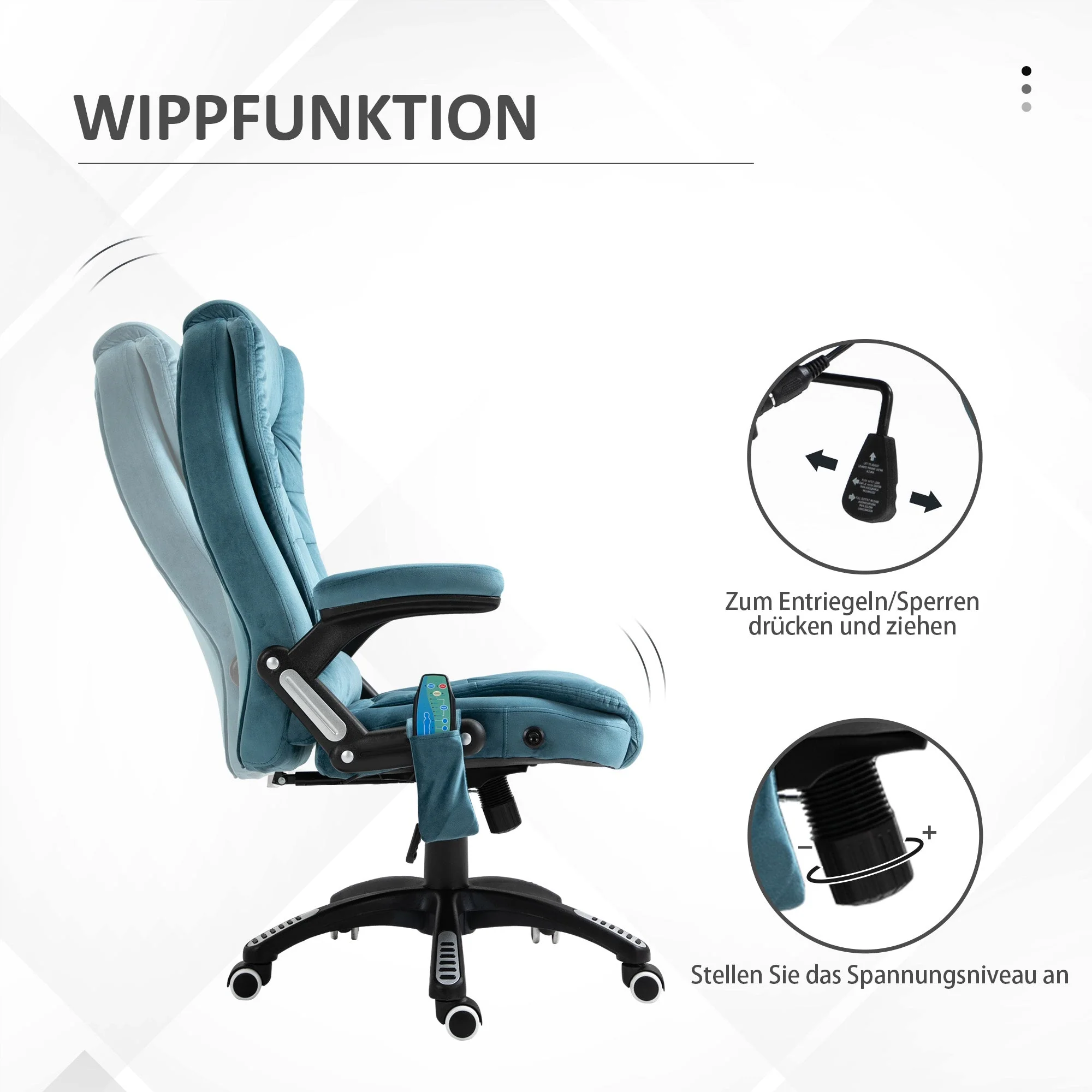 Office Chair Gaming Chair, Massage & Heating Function, Height-Adjustable 120kg, Blue - Image 4