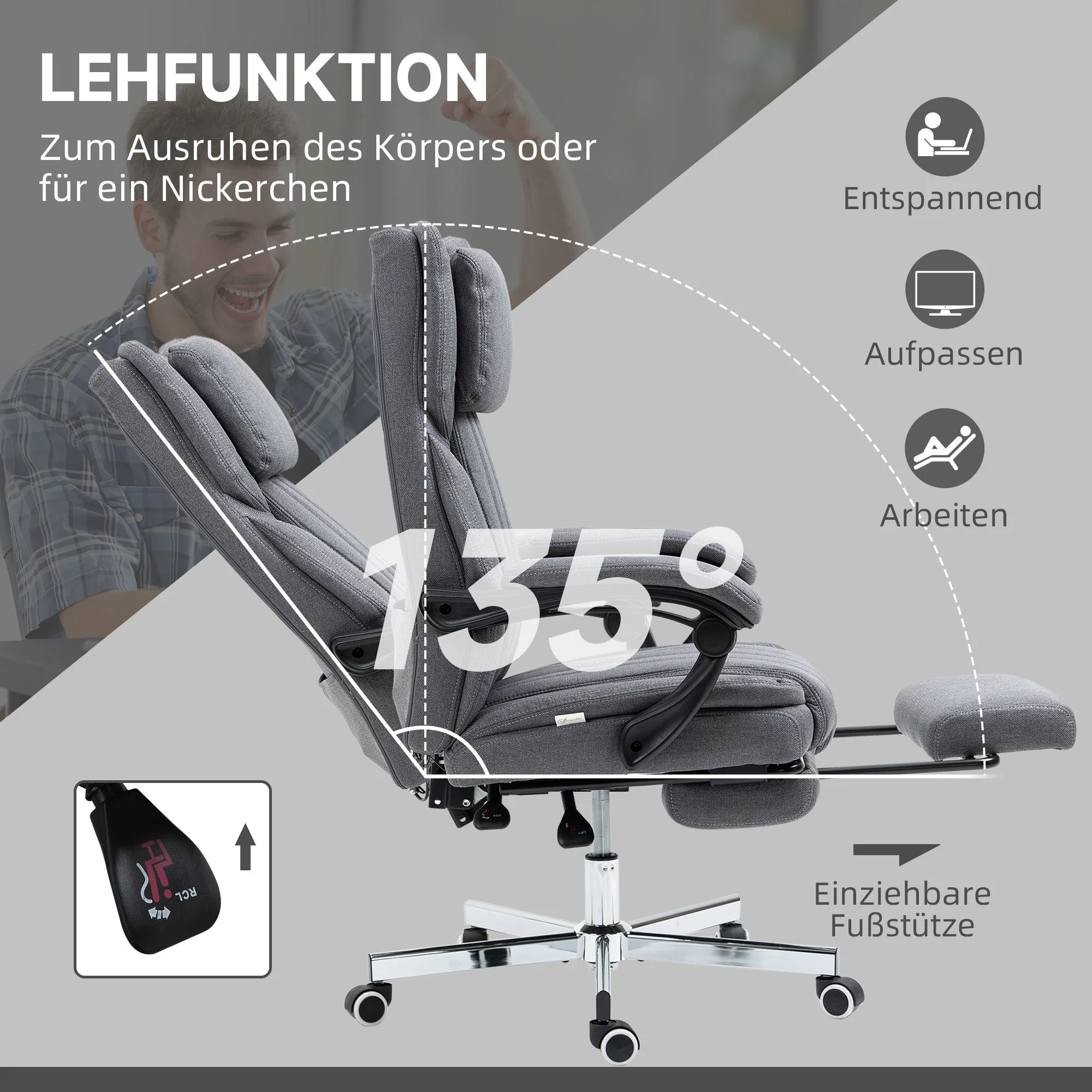 Office Chair Massage Modes Reclining Height Adjustable Footrest, Grey Linen Look - Image 6