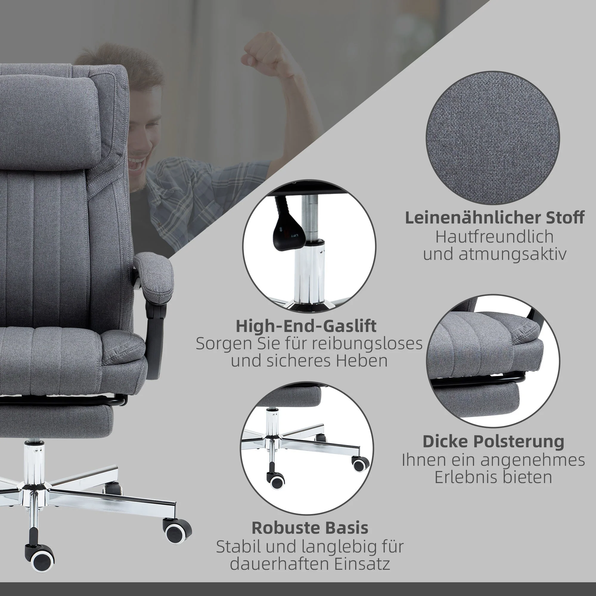 Office Chair Massage Modes Reclining Height Adjustable Footrest, Grey Linen Look - Image 8
