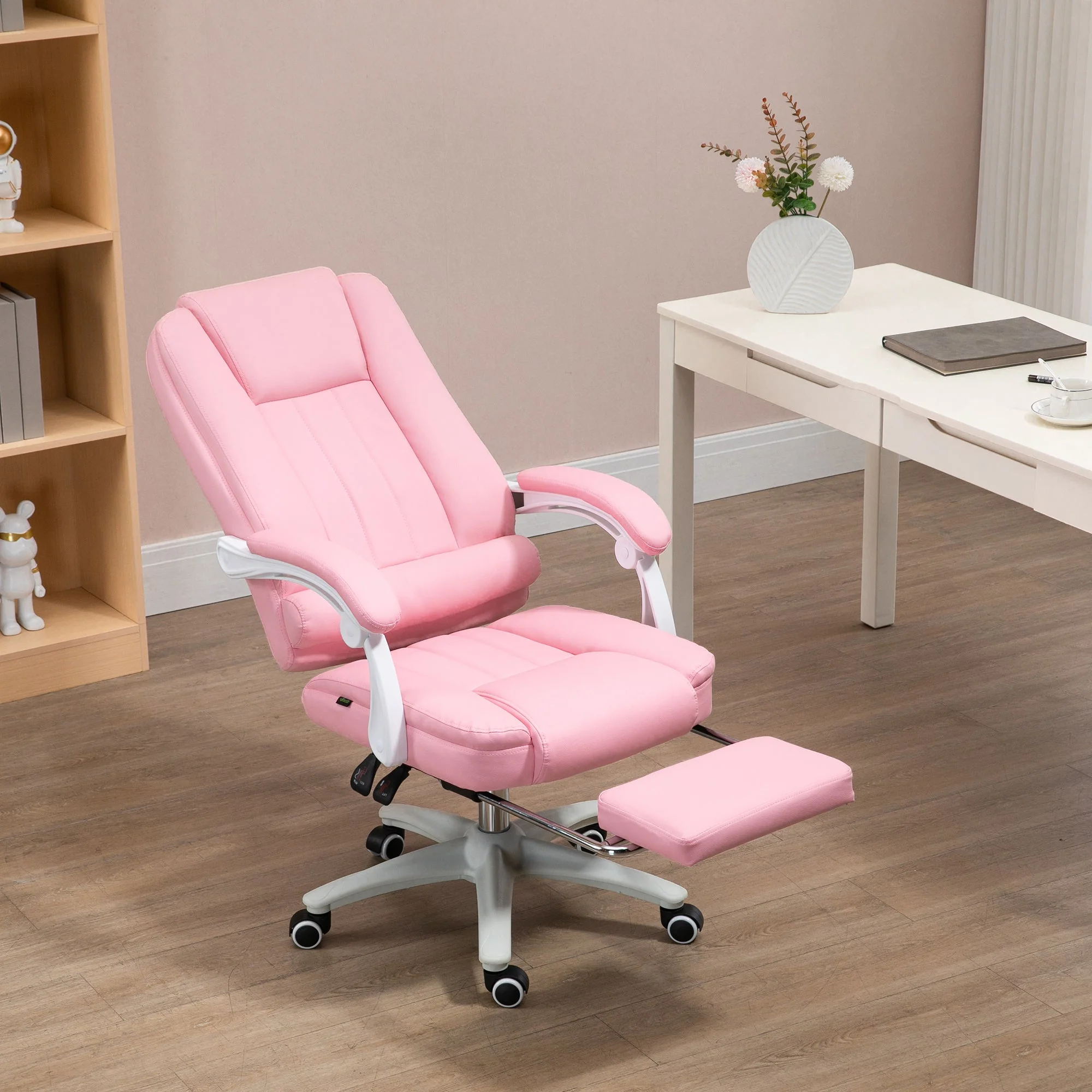 Office Chair Reclining Footrest Casters Adjustable Faux Leather Pink - Image 2