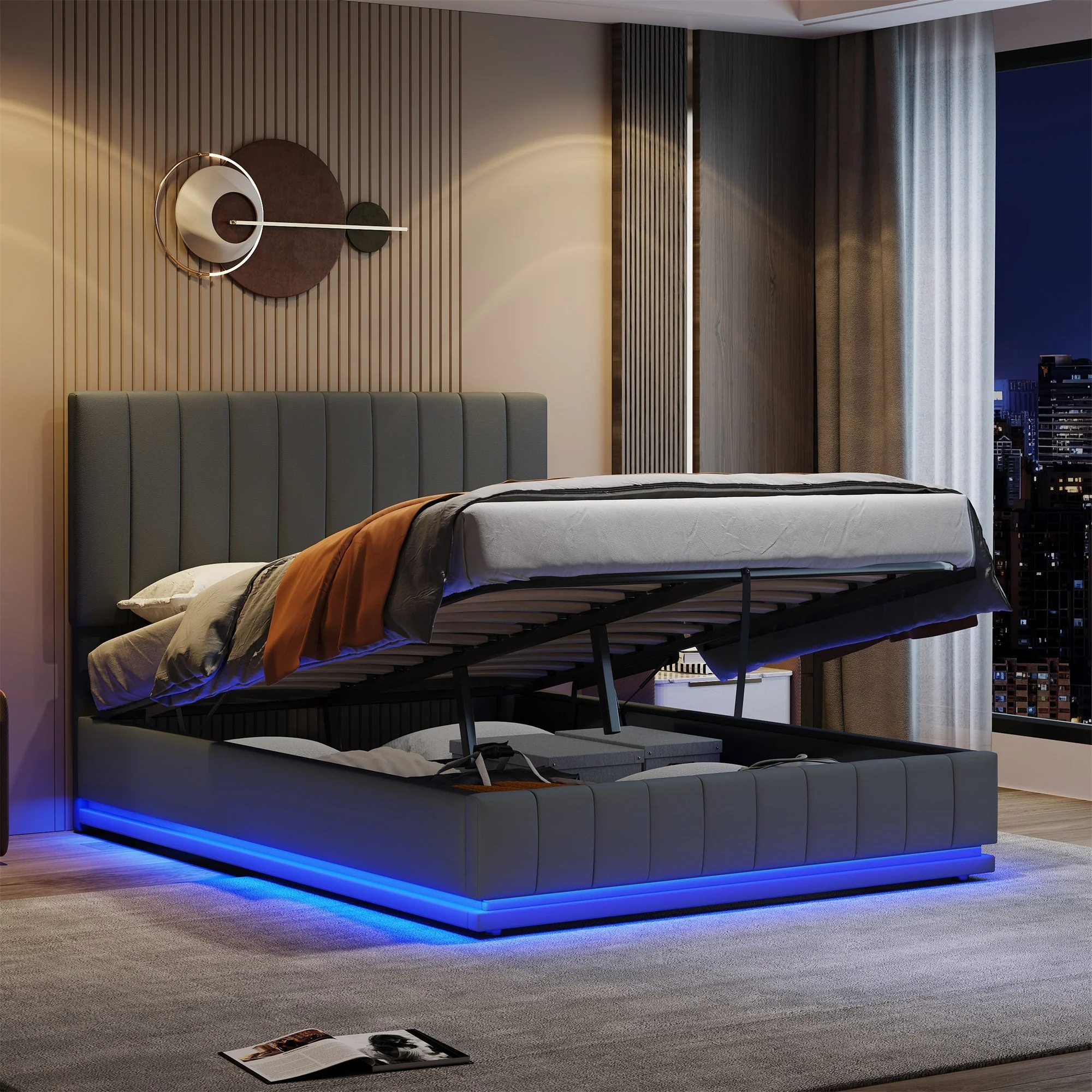 Ottoman King Bed with LED Lighting, Hydraulic Storage, and Adjustable Channel Tufted Headboard, Grey PU Leather - Image 2