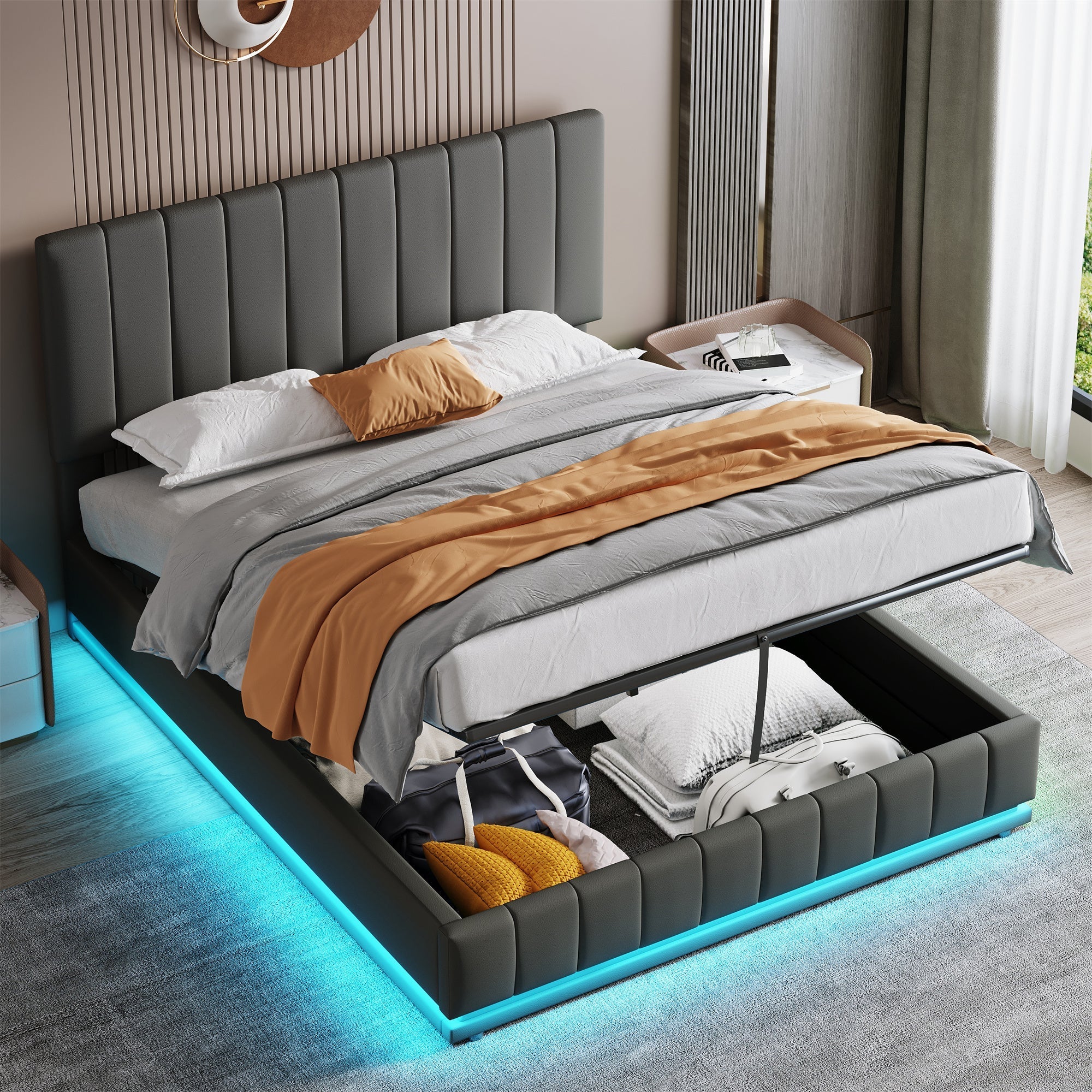 Ottoman King Bed with LED Lighting, Hydraulic Storage, and Adjustable Channel Tufted Headboard, Grey PU Leather - Image 3