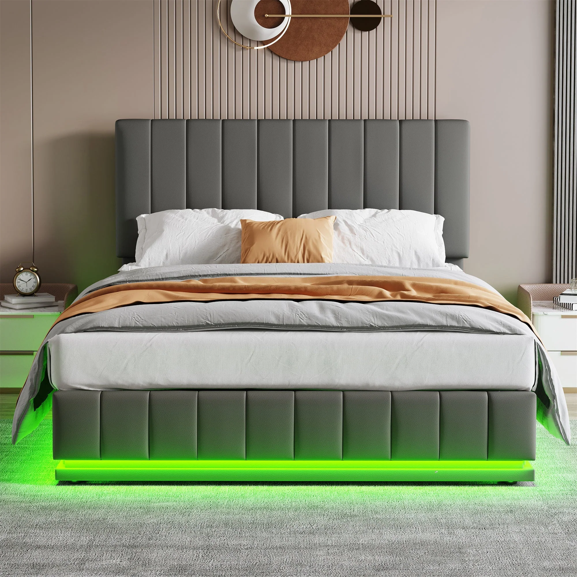 Ottoman King Bed with LED Lighting, Hydraulic Storage, and Adjustable Channel Tufted Headboard, Grey PU Leather - Image 4