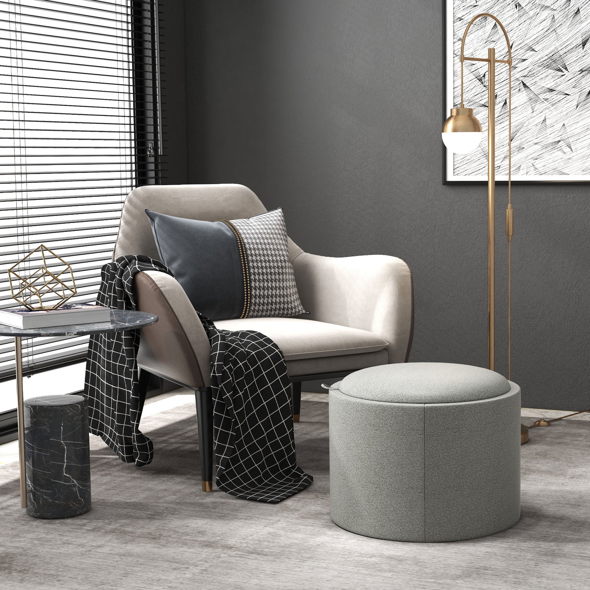 Ottoman Round Stool with Storage and Hinged Lid, grey linen look