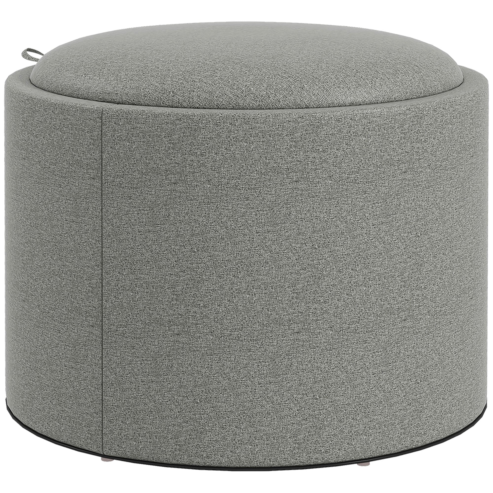 Ottoman Round Stool with Storage and Hinged Lid, grey linen look - Image 2
