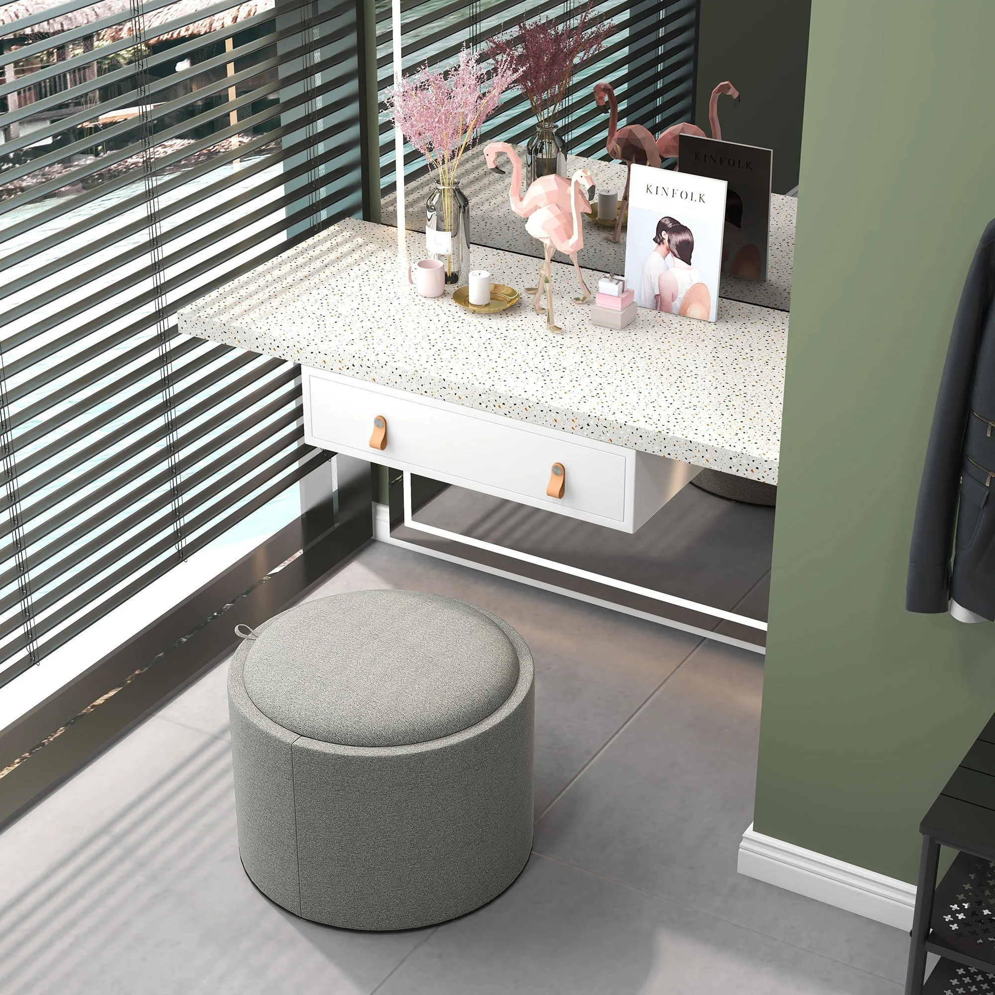 Ottoman Round Stool with Storage and Hinged Lid, grey linen look - Image 7
