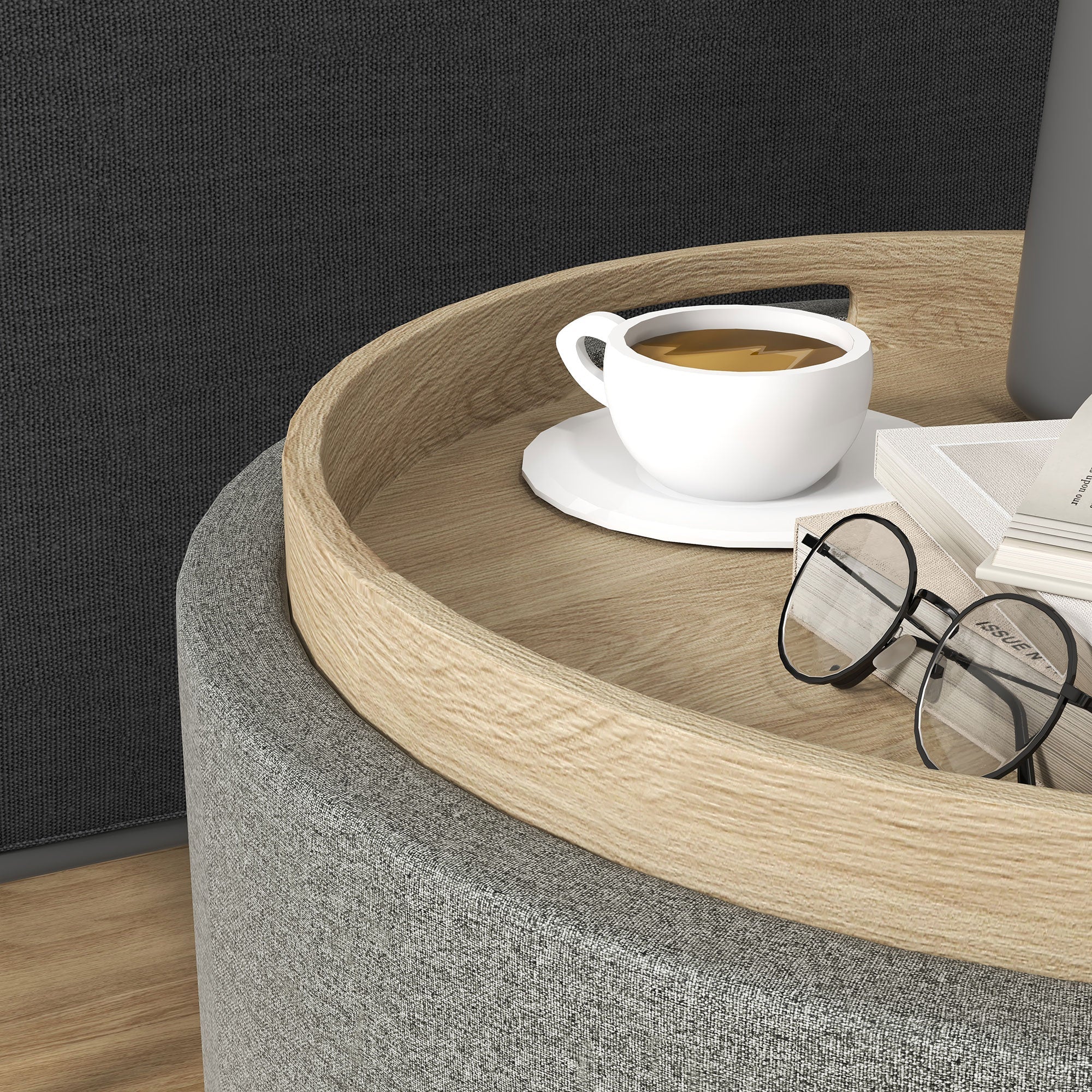 Ottoman Round Stool with Storage and Hinged Lid, grey linen look - Image 8