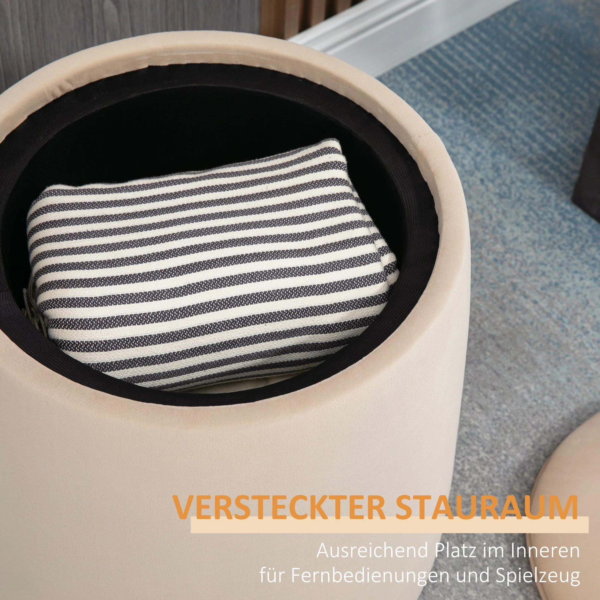 Ottoman Stool Round Storage Beige Velvet - Image 5
