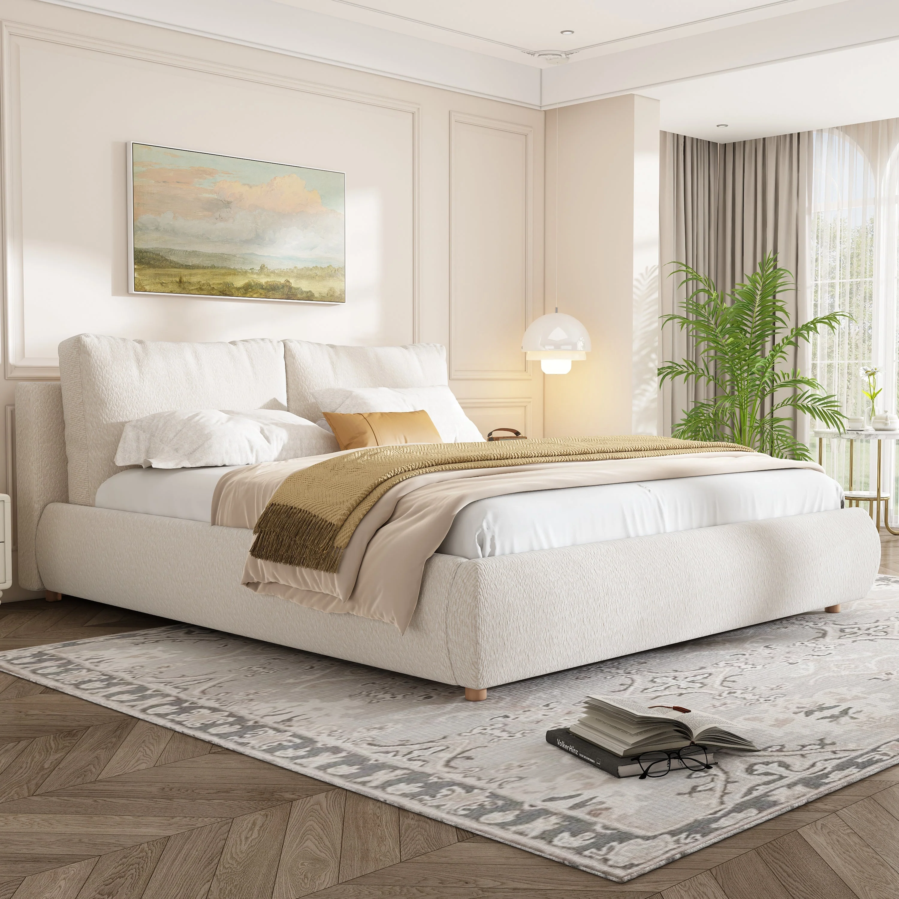 Ottoman Storage Bed Frame, 4ft6 Cloud Upholstered Bed with Cushions, Warm White Boucle - Image 3