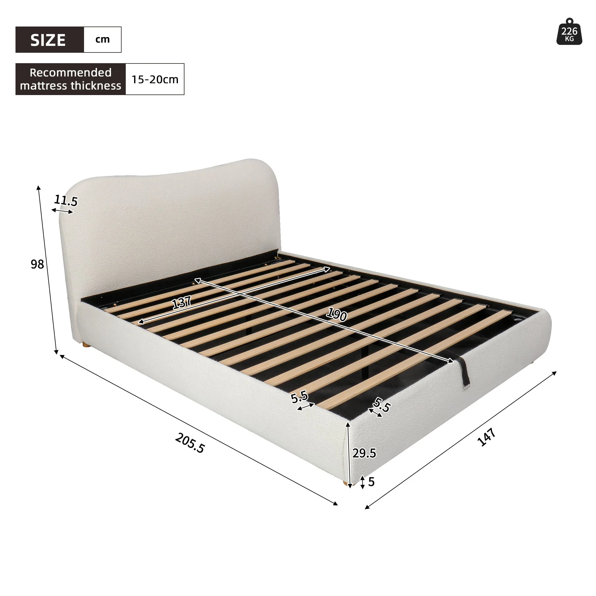 Ottoman Storage Bed Frame, 4ft6 Double with Curved Headboard, Boucle Fabric, Warm White - Image 3