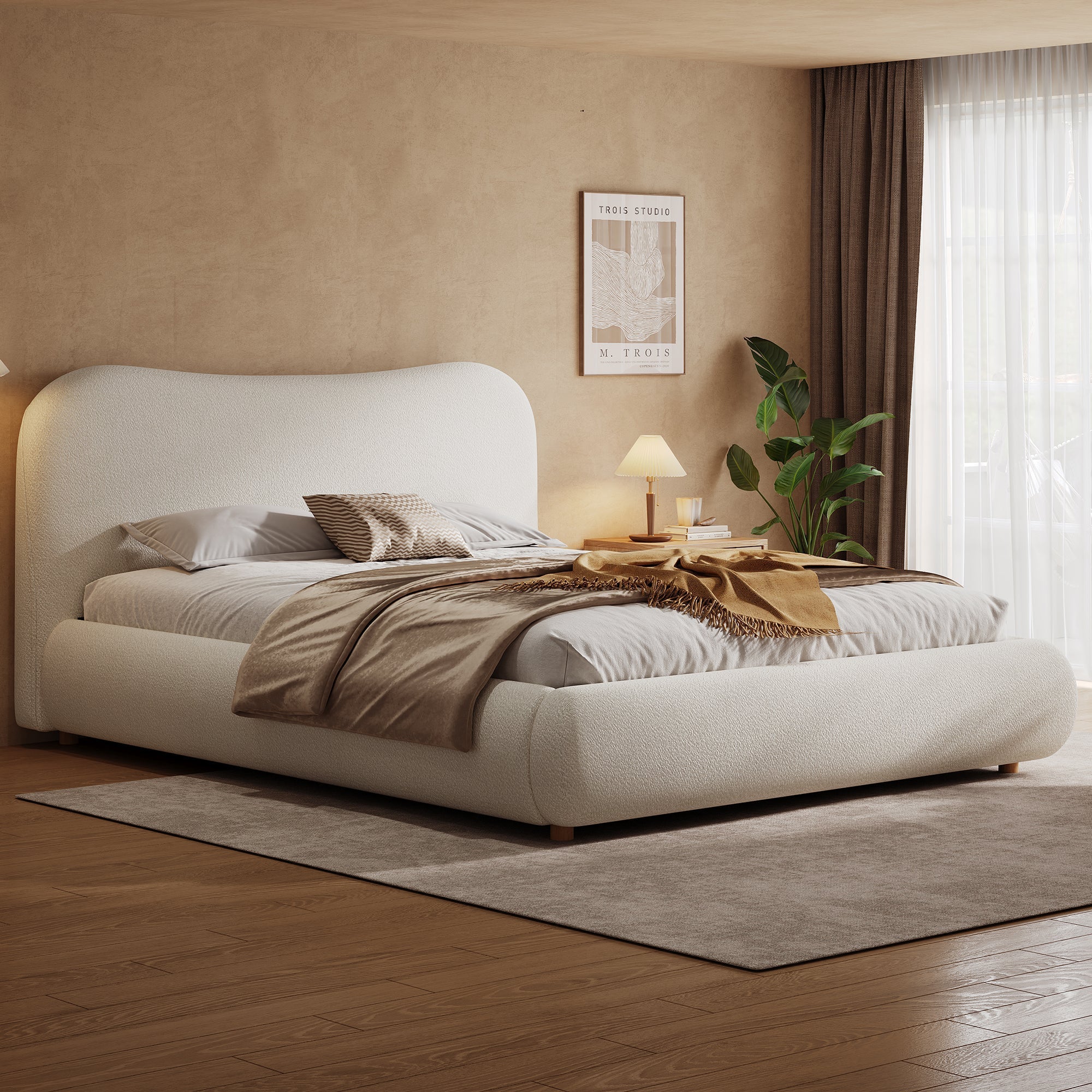 Ottoman Storage Bed Frame 5ft 150x200cm Upholstered Curved Headboard Boucle Warm White - Image 2